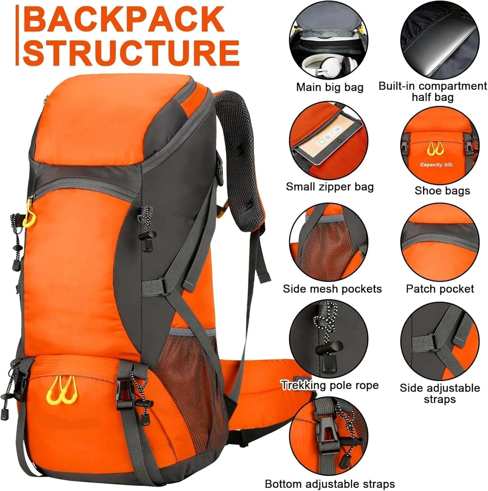 Outdoor-Rucksack Wanderrucksack, wasserdicht, 50 l, leicht, Reiserucksack mit Regenschutz for Camping, Trekking, Wandern, Spazierengehen, Outdoor-Sport