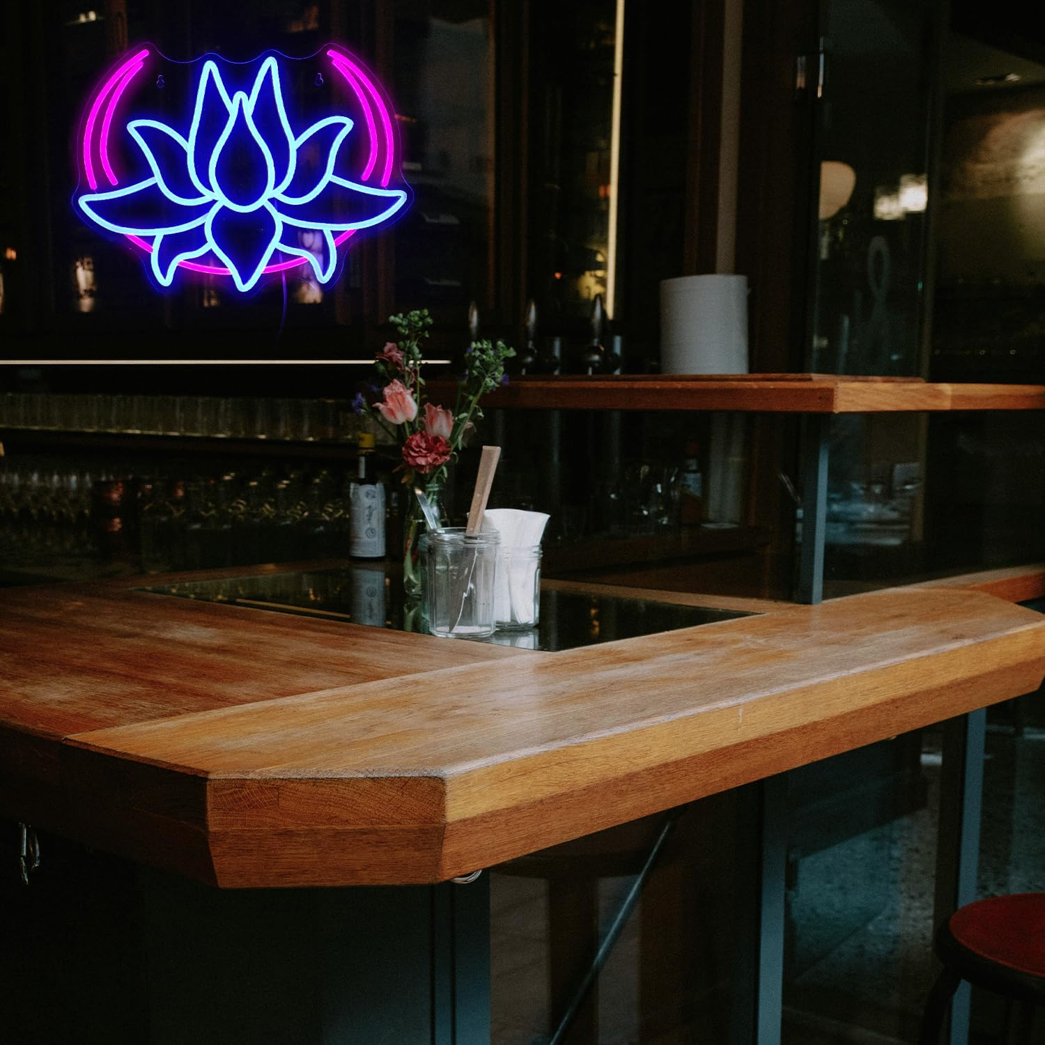 Moon Lotus Flower Neon Sign Led Blue Lotus light Up Sign for Bedroom USB Powered Moon Neon Light for Yoga Room Game Room Man Cave Wall Decor