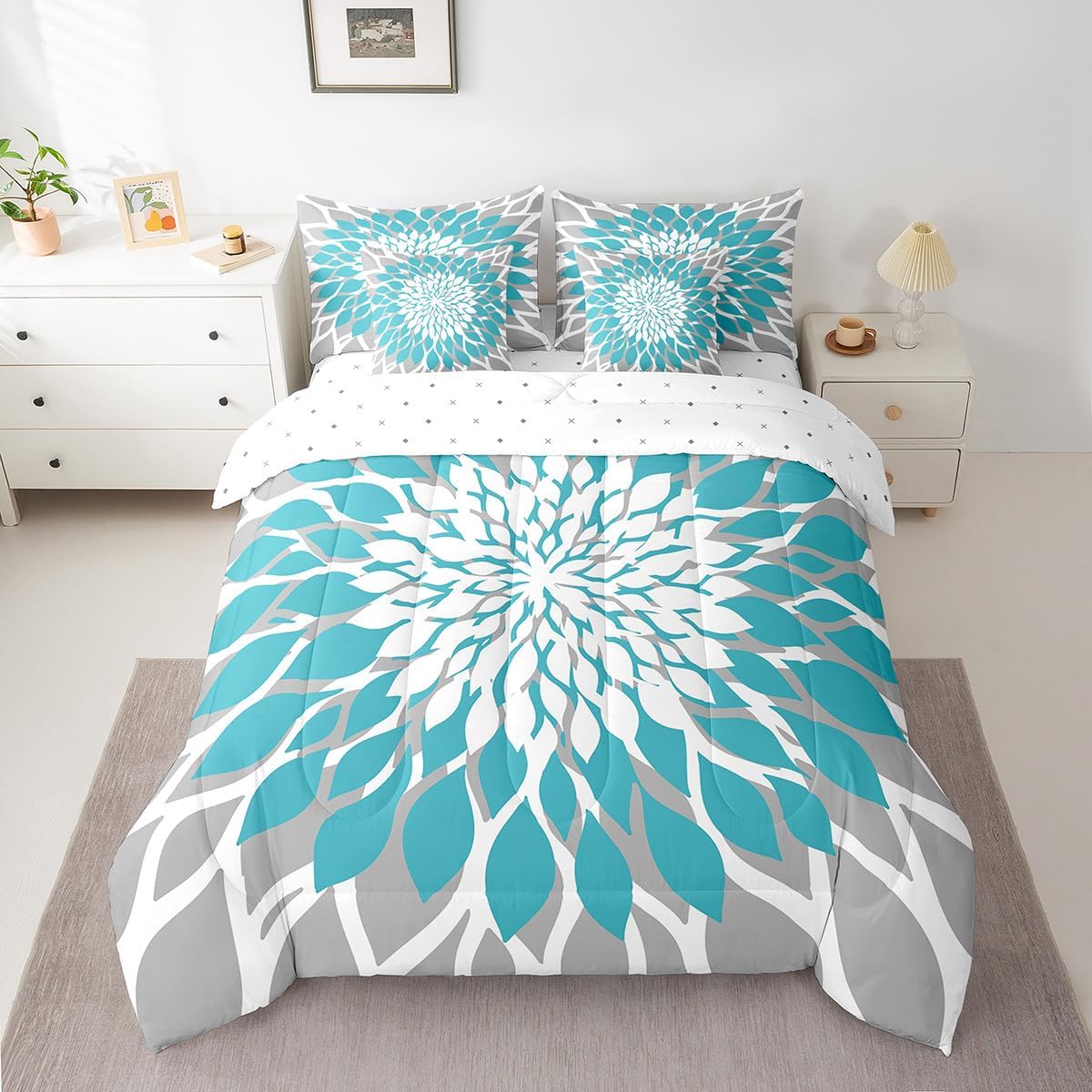 Feelyou Grey Orange Flower Comforter Queen 7 Pcs Bohemian Style Exotic Floral Bedding Set Modern Striped Art Luxury Geometric Bed in a Bag with Comforter, Sheets, Pillowcases & Cushion Cover