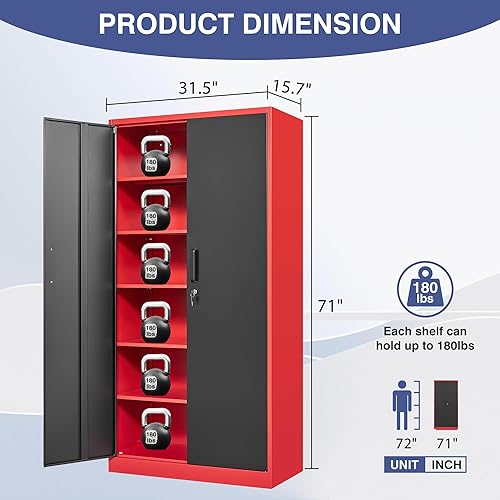 Miniatura 46 de Armario de almacenamiento de metal con cerradura, gabinete de almacenamiento de 72 pulgadas de alto con puertas y estantes ajustables, armarios de