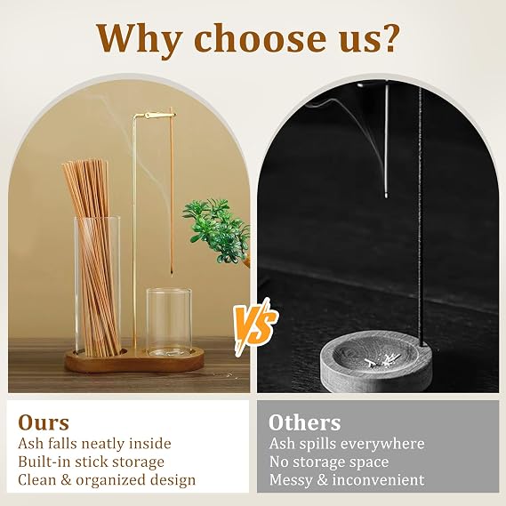Wooden Incense Holder - Incense Burner with Removable Glass Ash Collector