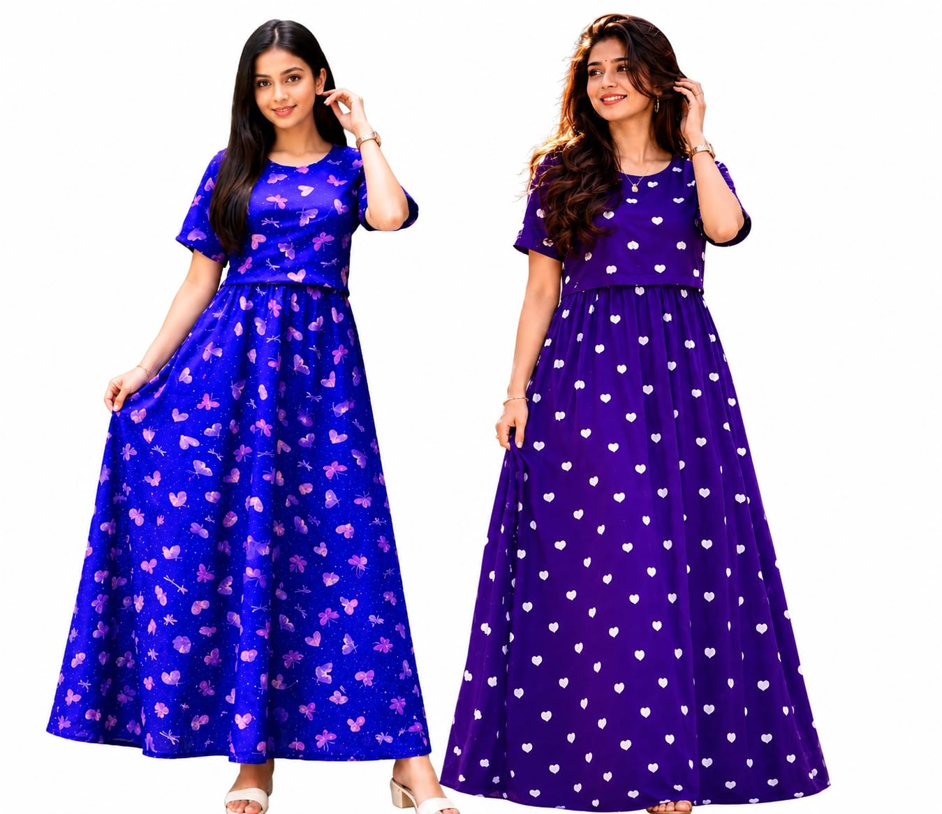 RENIS.Store Women's 100% Cotton Zipless Feeding Maternity Nighty Pack of 2 | Pull Up Nursing Night Dress | Soft Pregnancy & Feeding Wear | Blue(Pink Butterfly) & Violet (White Heart) L-Size-picture-31