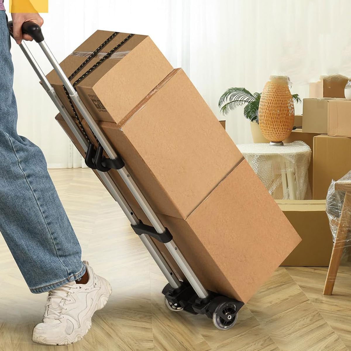 SOLUSTRE Portable Folding Hand Truck with Wheels, Lightweight Collapsible Dolly Cart for Travel, Moving and Shopping, Black Compact Luggage Trolley for Home and Outdoor Use