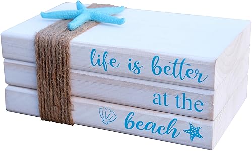 LIVDUCOT Libros decorativos de madera costera de playa, decoración de casa apilada, libros de océano de imitación para chimenea, manto, estantería,