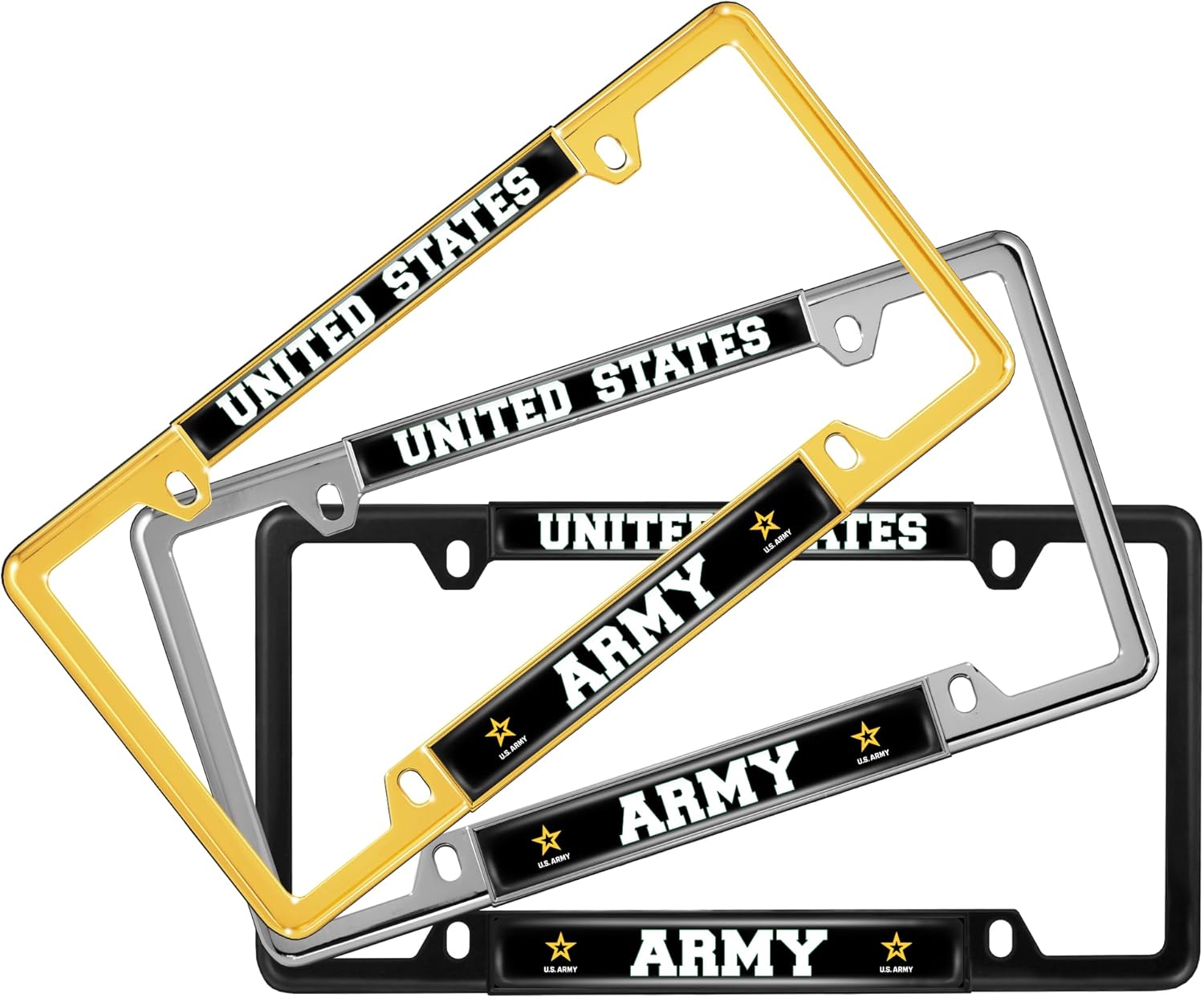 [Officially Licensed Product] - United States Army with Star Logo Domed Custom-Made Personalized Narrow (Thin) Top 4 Hole Metal Car License Plate Frame with Free caps - Black (Quantity: 1 Frame)