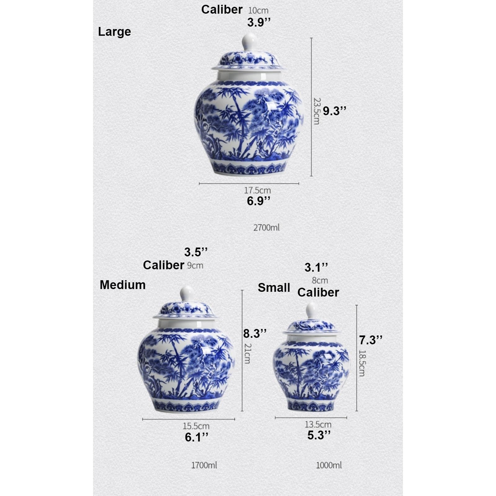 EYPKPL Blau-weißes Porzellan-Ingwerglas mit Deckel, traditionelle Chinoiserie-Deko-Vase, Keramik-Kiefernbaum-/Bambusmuster, S/M/L, Schläfenglas(M)