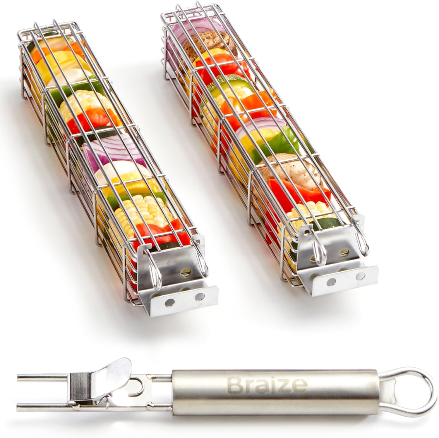 Large Kabob Grilling Basket with Removable Handle. Stainless Steel construction with a Larger Capacity (12 x 2 x 2) and secure easy-latch lid. (2-Piece Kabob Basket Set)