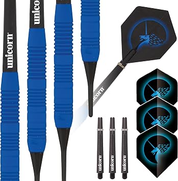 Unicorn Soft Tip Darts Set, Core Plus, Soft Touch Smooth Rubberised Brass Barrels, 16 g, 17 g, 18 g or 19 g