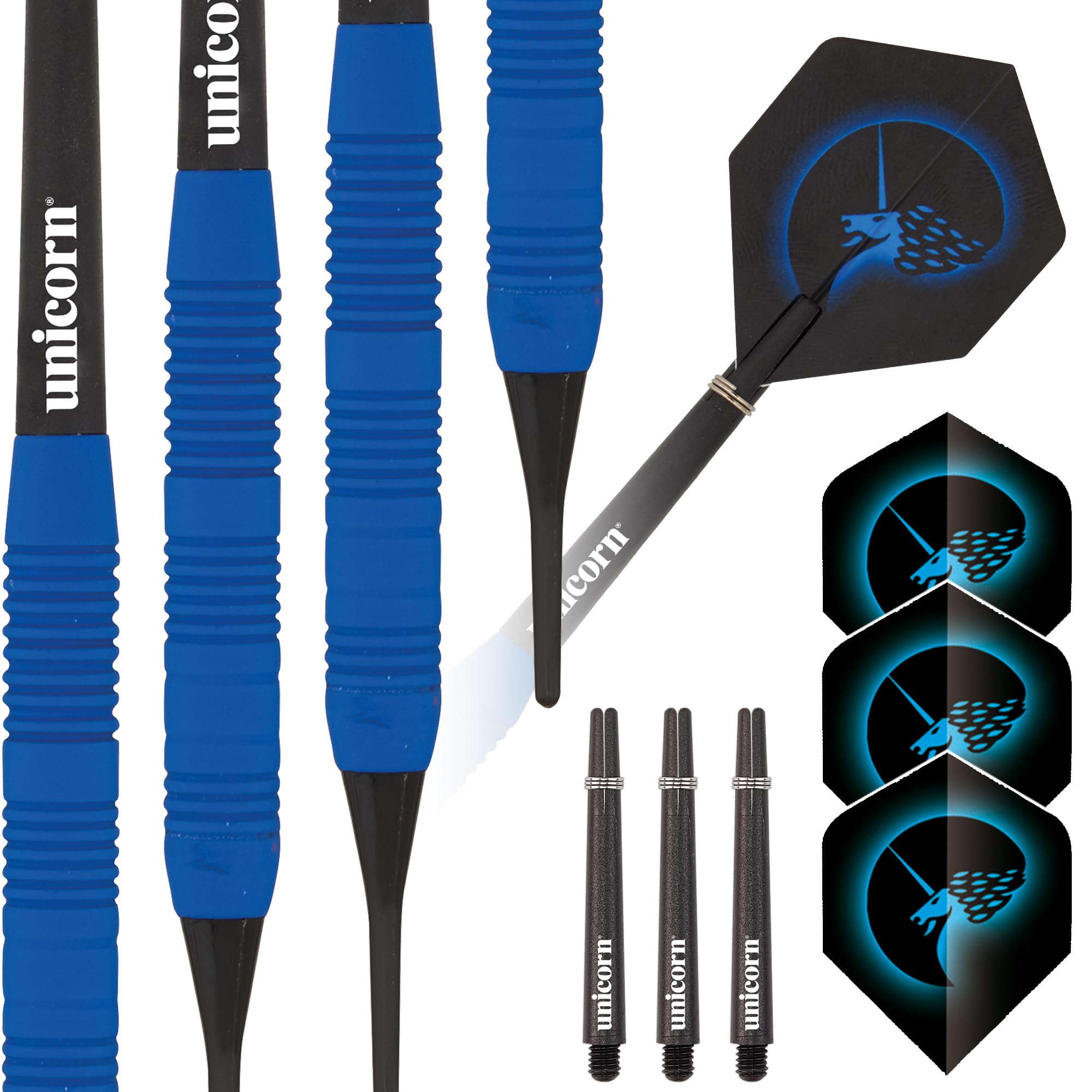 Unicorn Soft Tip Darts Set, Core Plus, Soft Touch Smooth Rubberised Brass Barrels, 16 g, 17 g, 18 g or 19 g