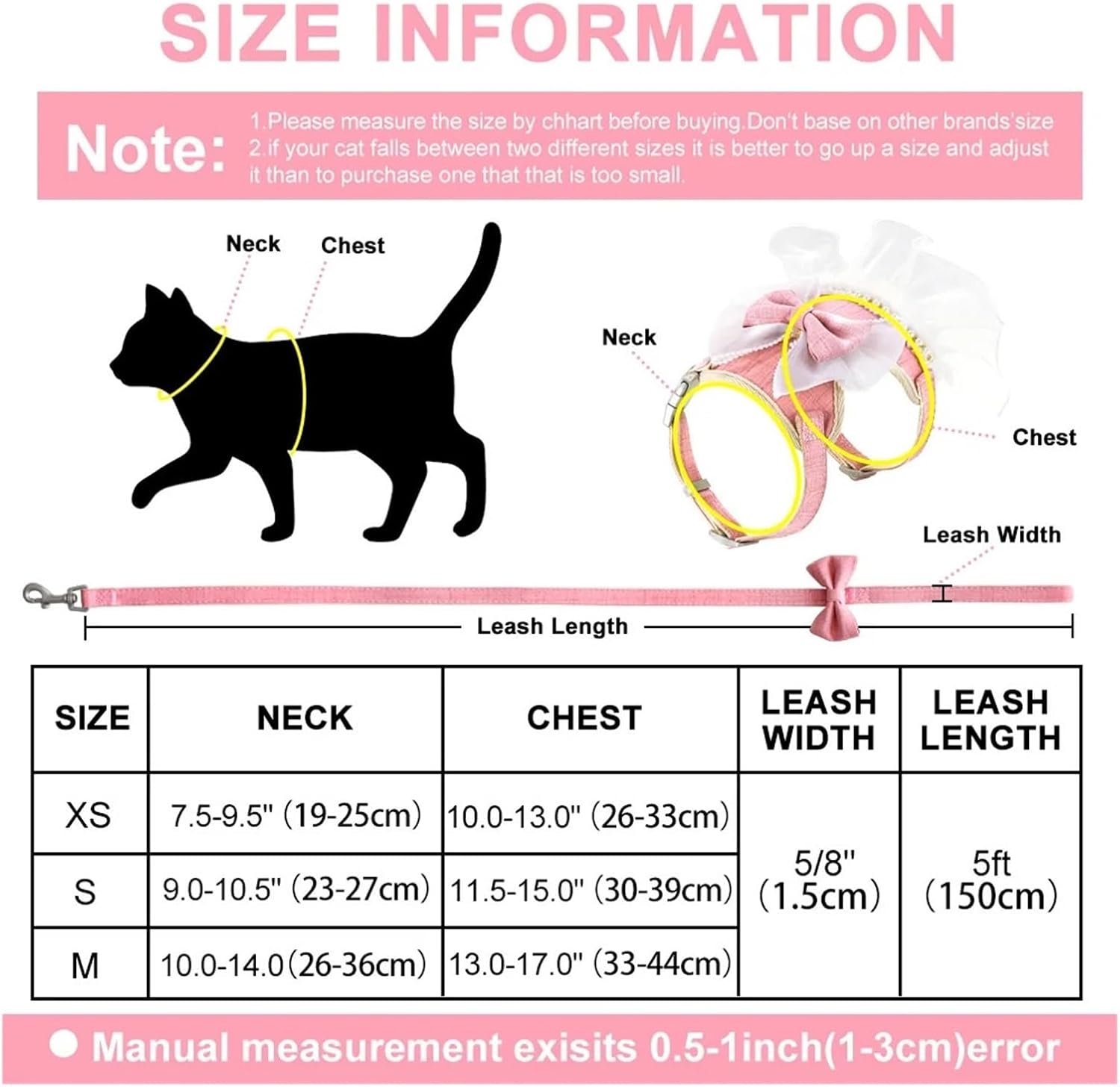 Pink Nylon Cat Harness and Leash Set with Cute Bowknot Vest for Small Dogs Puppy Kittens Adjustable Soft Pet Outfits Princess Party Costume(H,750ml)