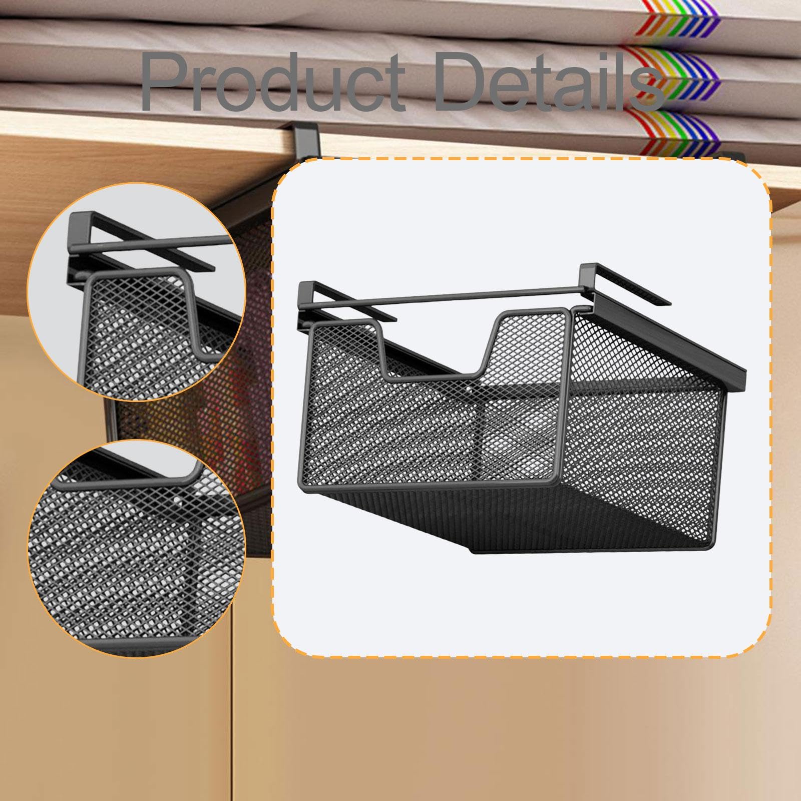 Milageto Panier de Rangement Coulissant sous Étagère, Tiroir Suspendu Multifonctionnel, Tiroir de Rangement en Acier pour Maison, Bureau et Cuisine, Longueur 46 Cm