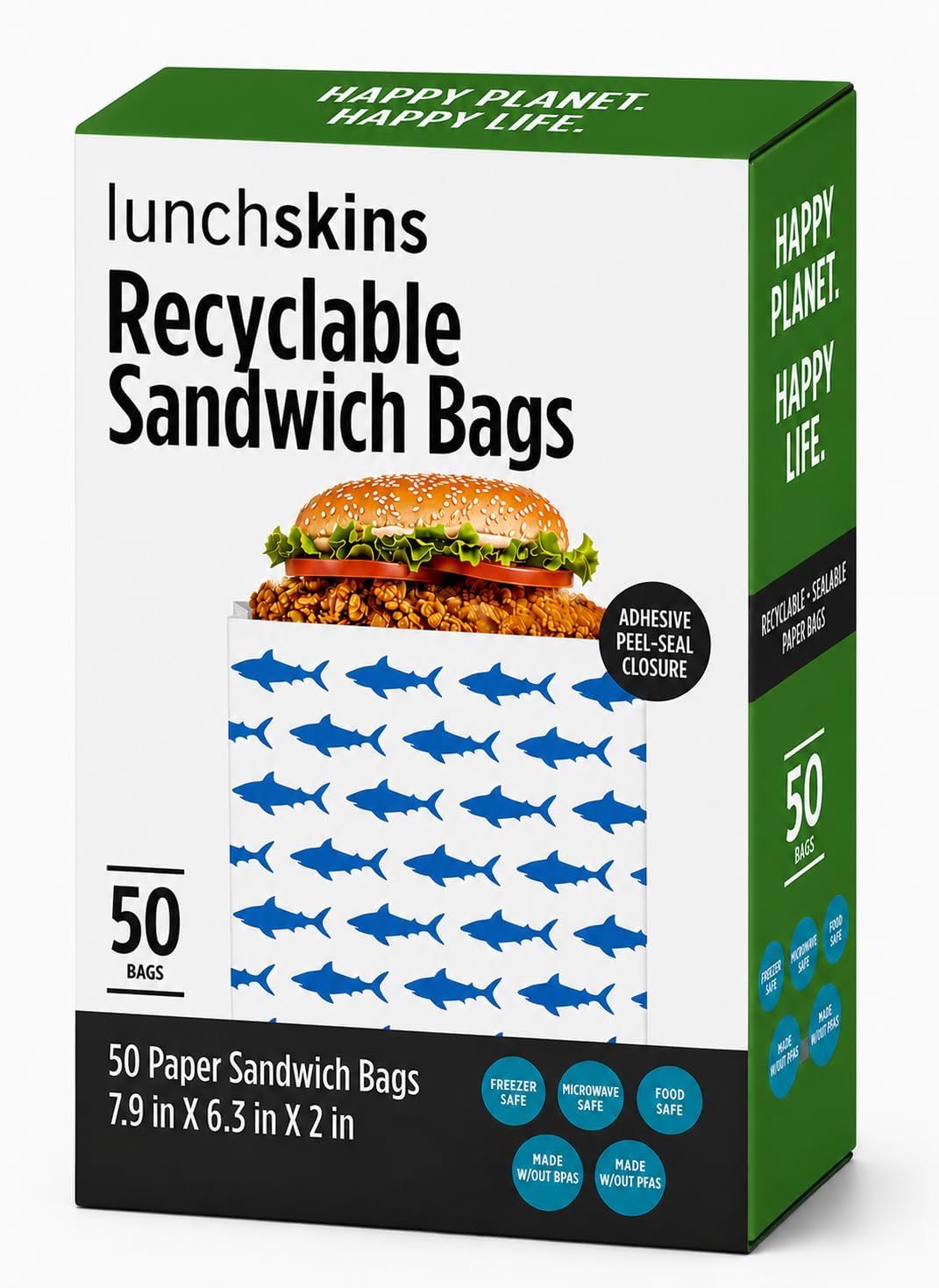 Recyclable & Sealable Food Storage Sandwich Bags, Shark Design, 50 Bags - Eco-Friendly, Made Without PFAS and BPA