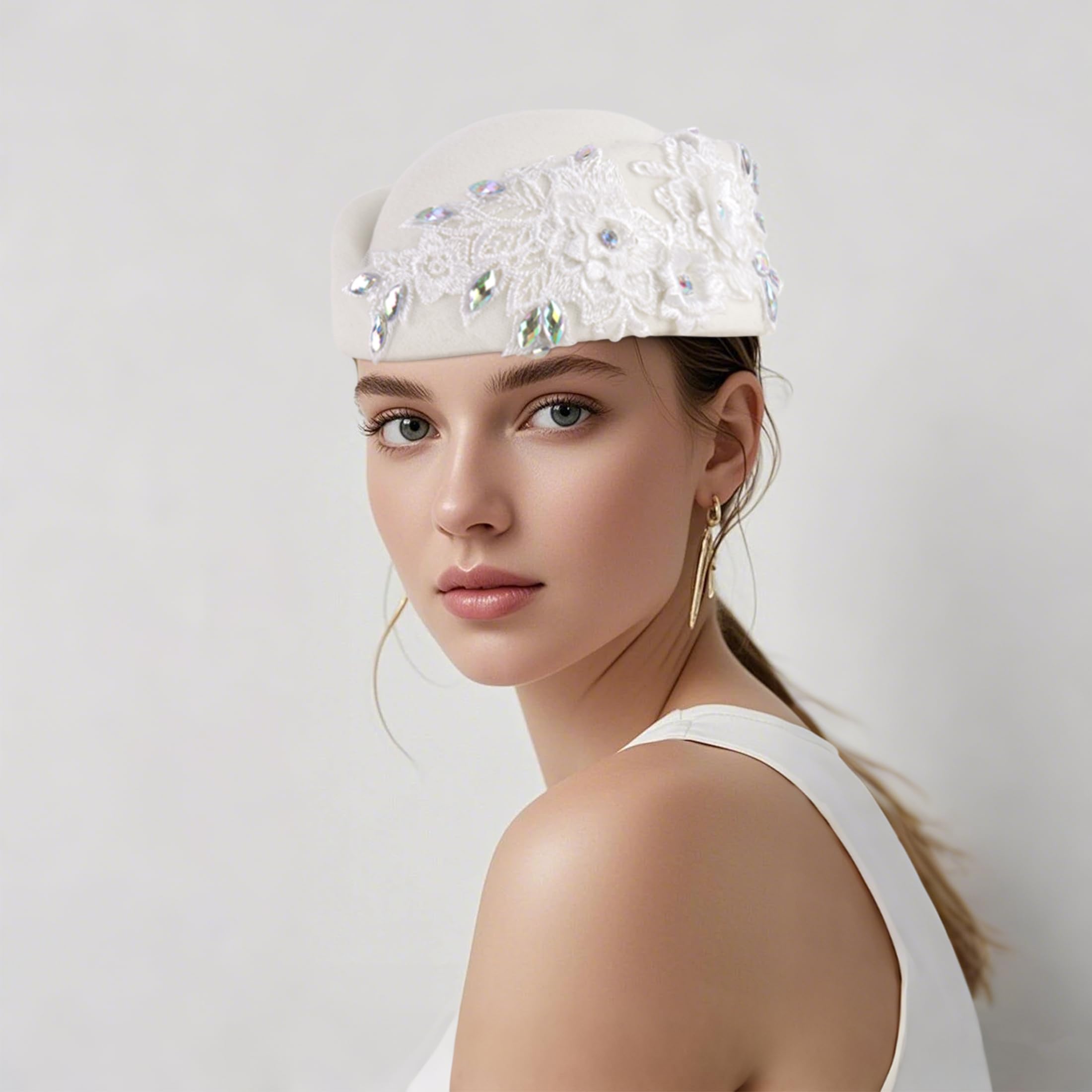 European and American retro British felt headscarf hat women's church derby headdress with floral women's soft beret (White) - Image 4