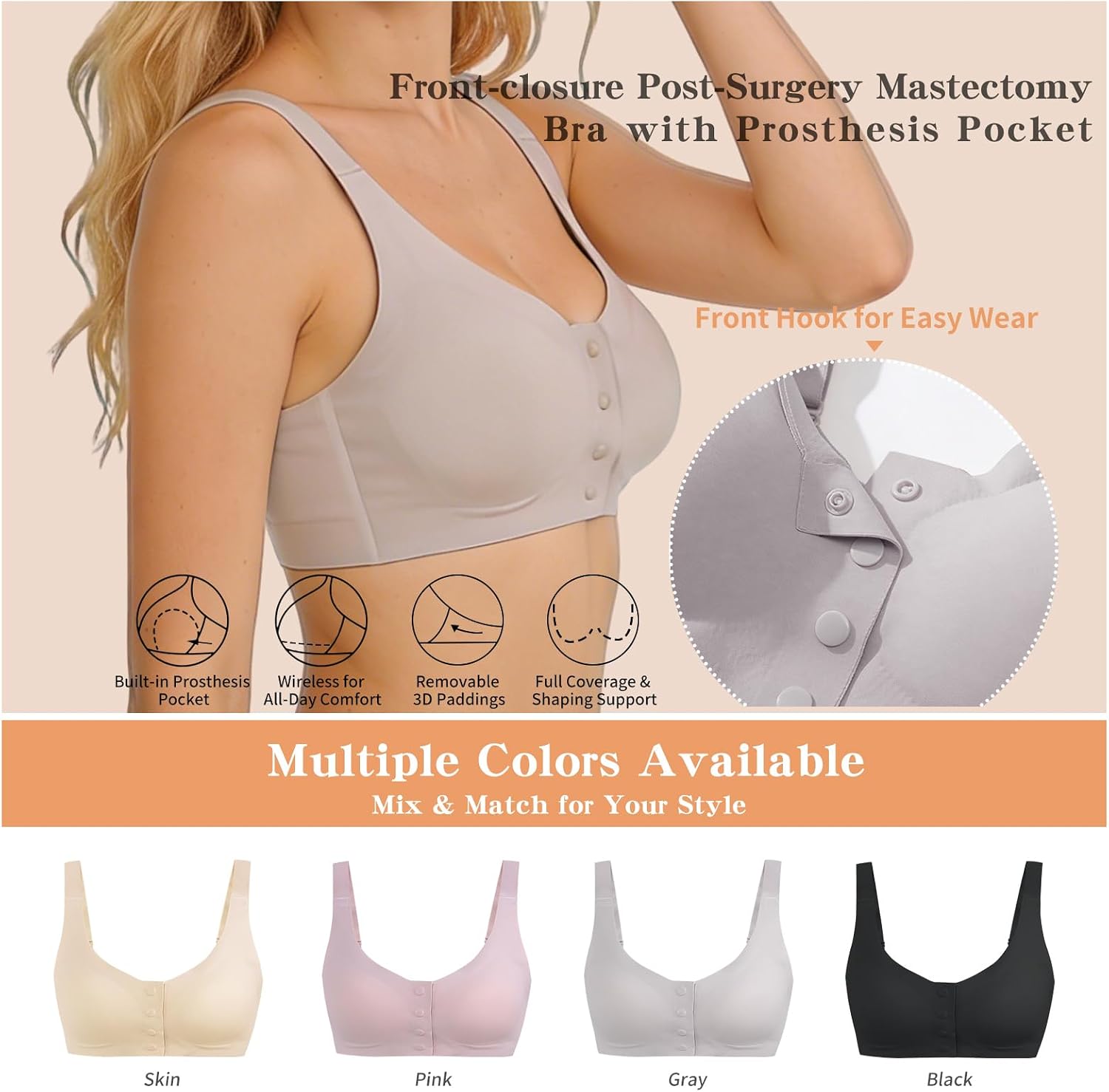 Lervanla Post Surgery Mastectomy Bra with Pockets,Front Closure Bra for Breast Forms, Seamless Supportive Bralette for Women