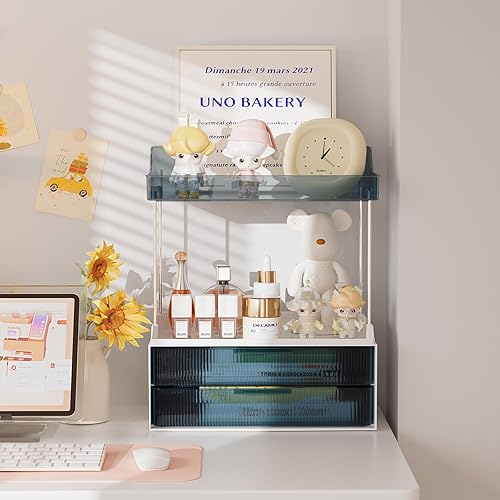 Vista 40 de Delamu Organizador y almacenamiento de baño, 2 niveles y 2 cajones, organizador de maquillaje, fácil de instalar, ideal para encimera de baño