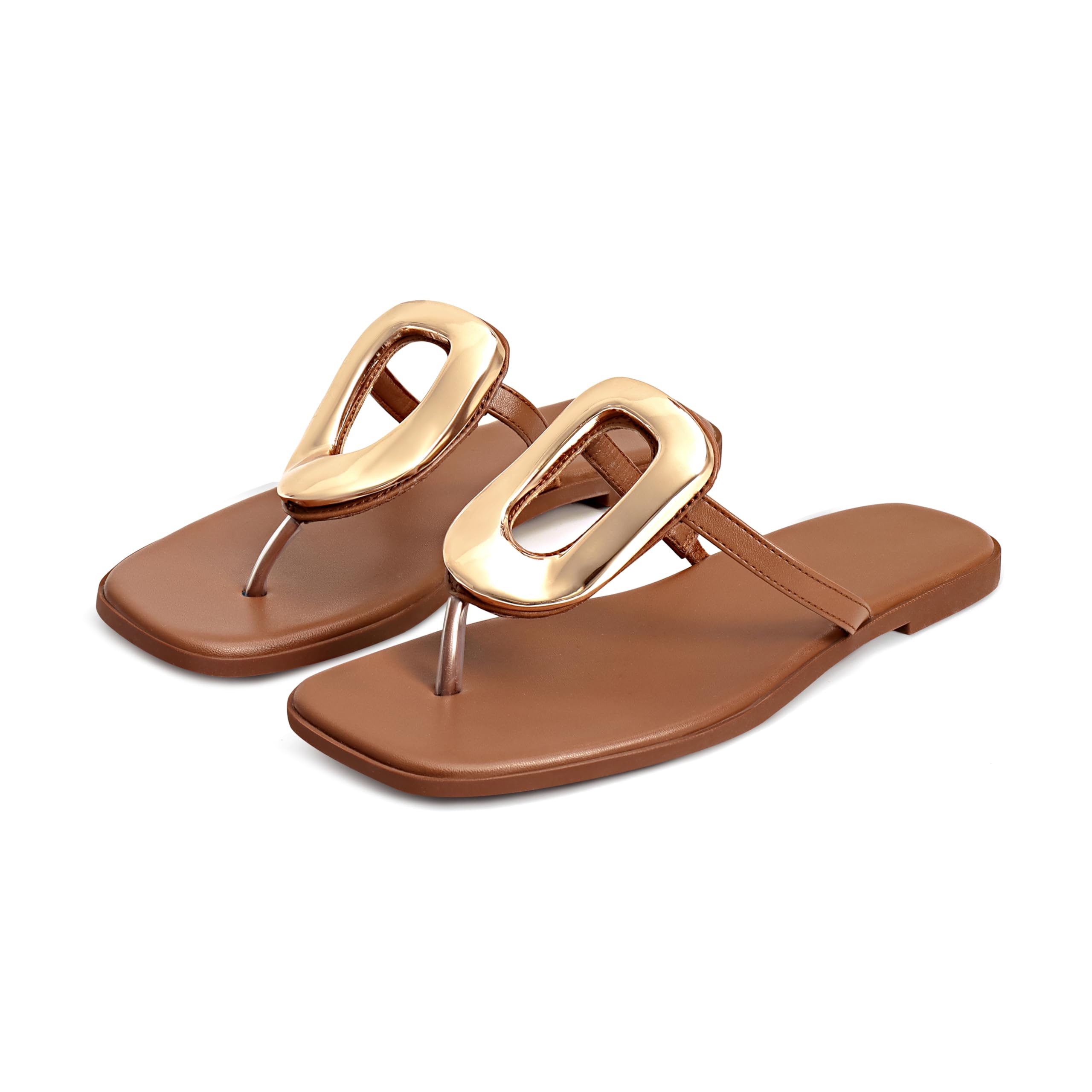 Flip-Flops for Women Thong Sandals Flat Slip on Slides Beach Comfort Open Square Toe Ladies Slipper Dressy Metal Hardware Decoration Summer Shoes Casual Fashion