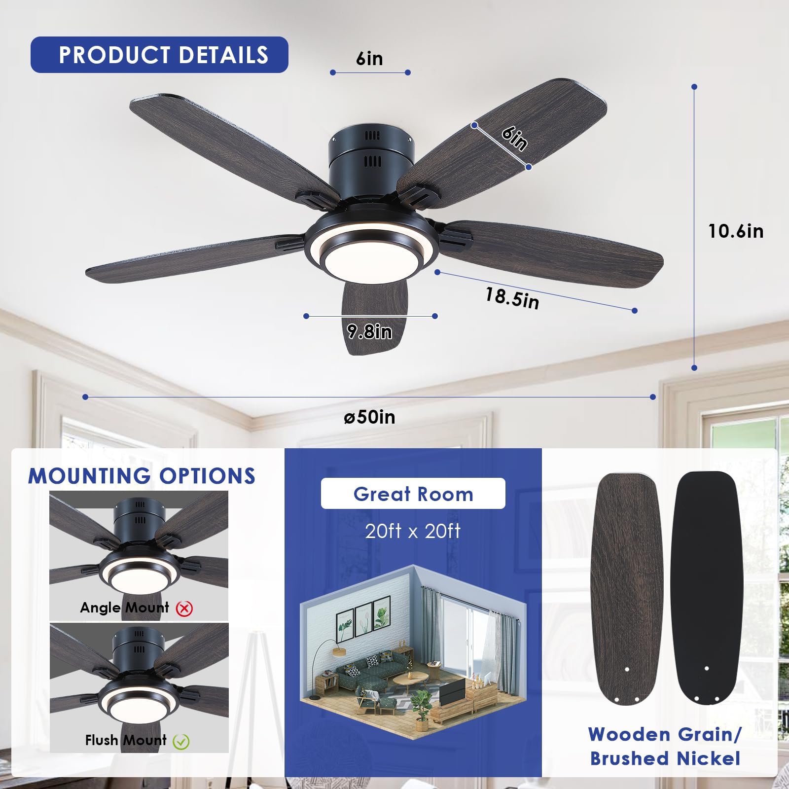 Kviflon Ventilateur de Plafond avec Lumière 127 cm, Moteur DC Silencieux et Économe, Télécommande & Contrôle par App, 6 Vitesses, LED Dimmable, 3 Pales ABS, Design Moderne Noir pour Chambre et Salon