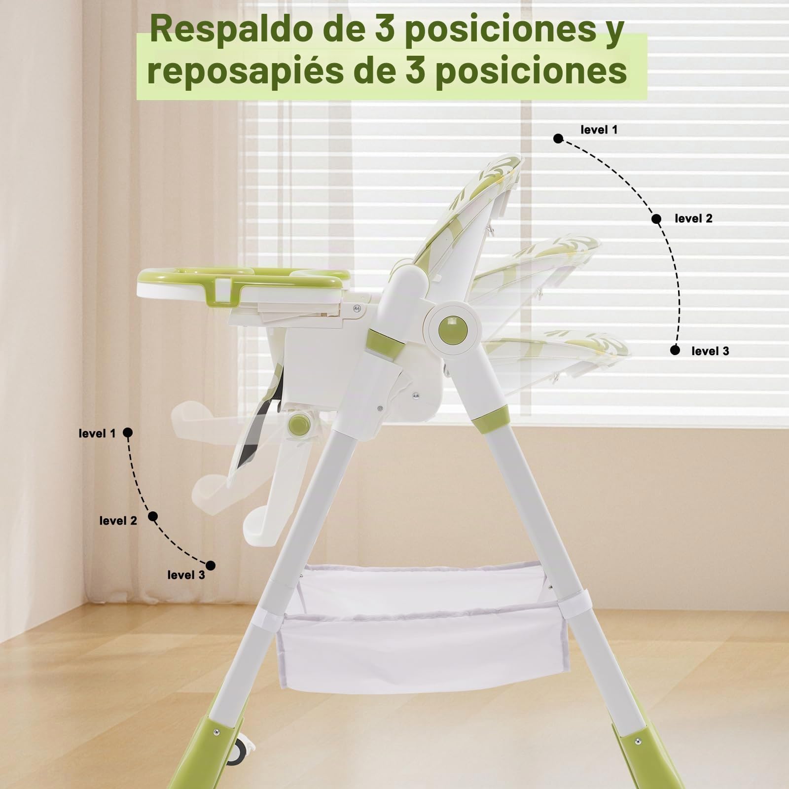 Trona para bebé plegable, Trona bebe con reposapiés, ruedas, altura y respaldo regulables, trona versátil para bebé desde el nacimiento