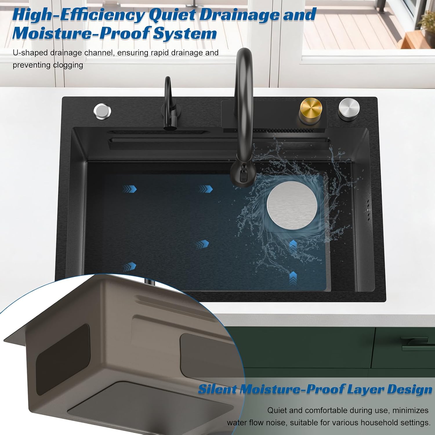 27x17.7 Inch Black Kitchen Sink, Drop In/Topmount 16 Gauge Stainless Steel Single Bowl Workstation with Nano Coating,X-Shaped Drainage & Pull Out Faucet,Cutting Board & Drain Basket Included