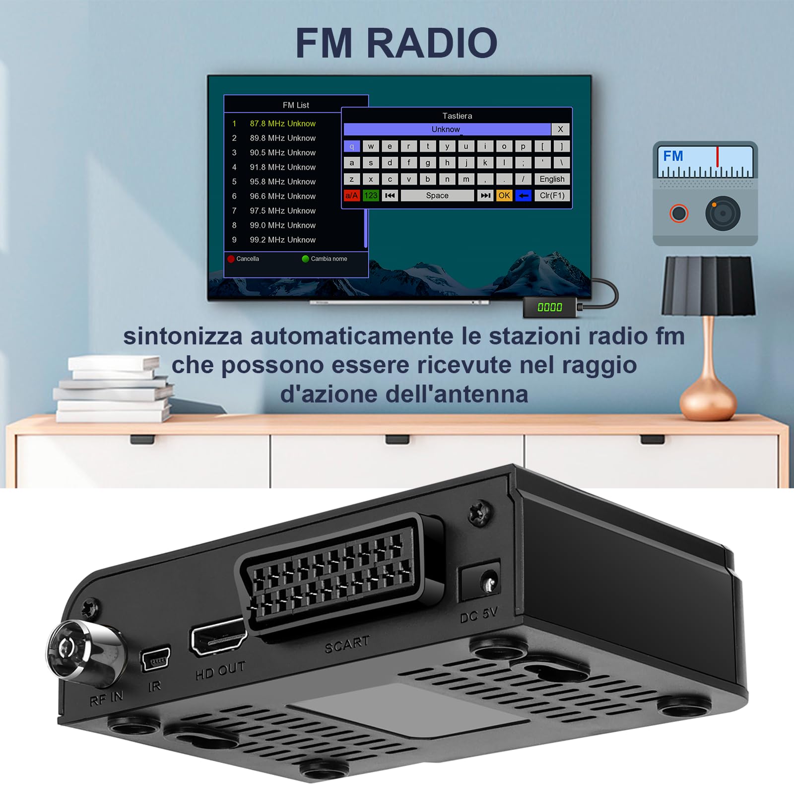 Decoder Digitale Terrestre 2025 con PVR Registra Programmi Preferiti, Mini Ricevitore DVB-T2 con Ordinamento LCN e FM Radio, Uscita Scart Hdmi e H265 HEVC Full HD 1080P Decodifica