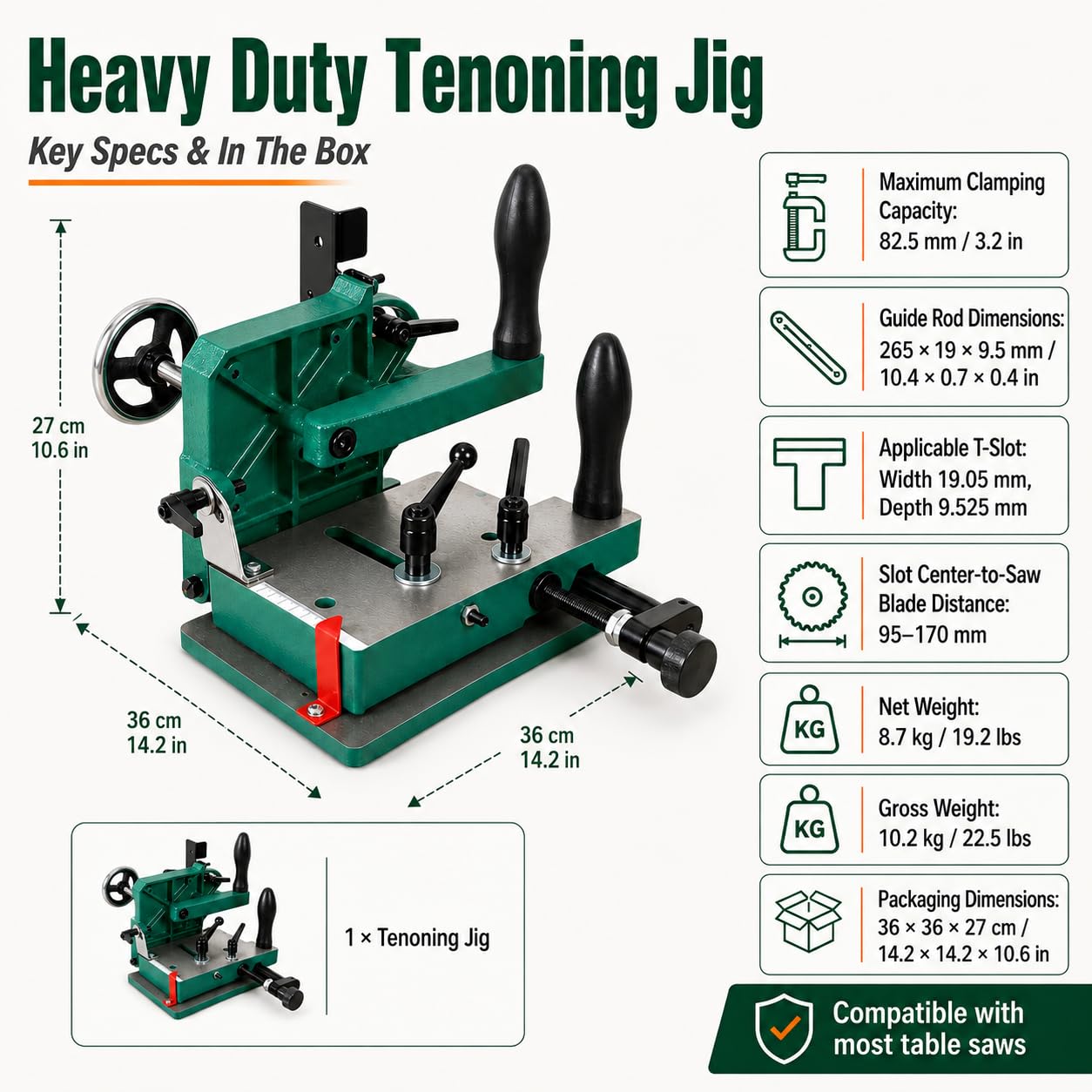 Dima tenonatrice per sega da banco per lavorazione del legno, strumento di lavorazione a mortasa con capacità di serraggio di 82,5 mm, compatibile con la maggior parte delle seghe da banco