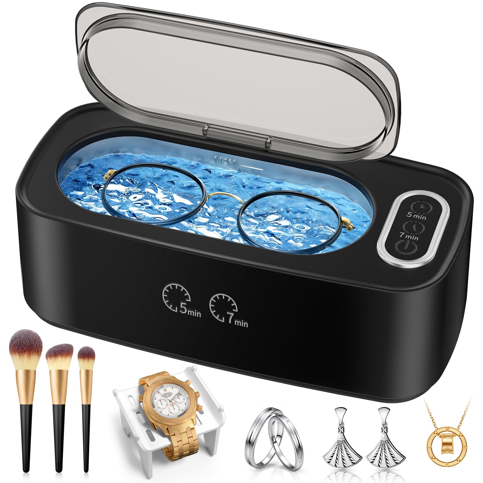 Limpiador ultrasónico de joyas, máquina limpiadora ultrasónica de 48 kHz para gafas, joyas, anillos, correa de reloj, dentaduras postizas, modos de limpieza duales y tanque de acero inoxidable 304