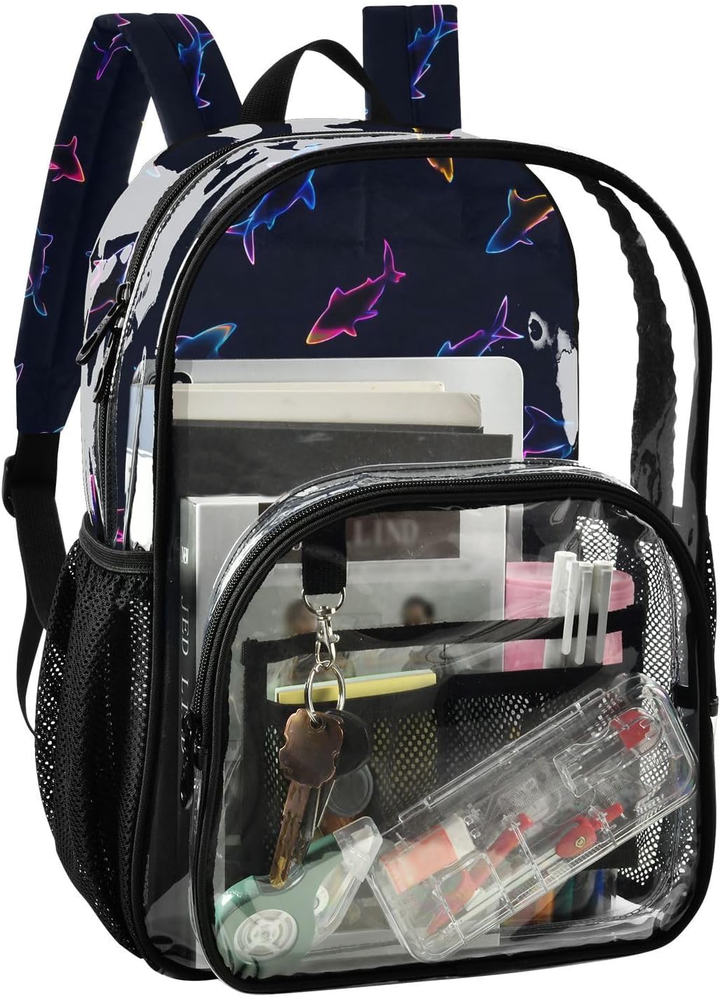 Line Shark Neon Clear Backpack Heavy Duty See Through Transparent PVC BookBag for Kids Boy Girl Adult School Work