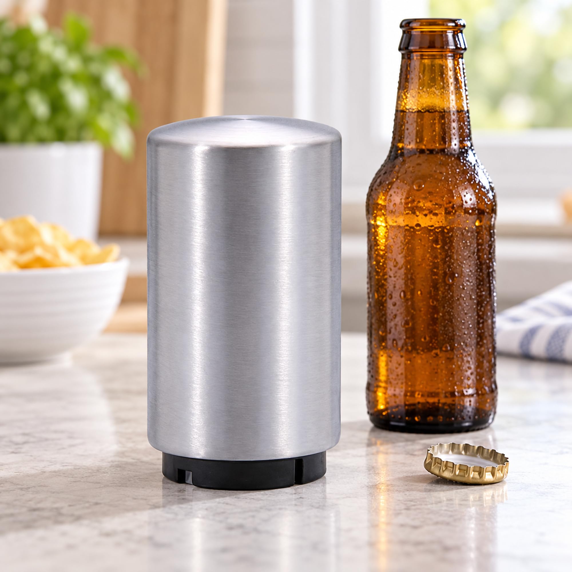 Plastic and Stainless Steel Push Down Bottle Opener for Beer and Soda Bottles, Home Dining and Party Drink Service