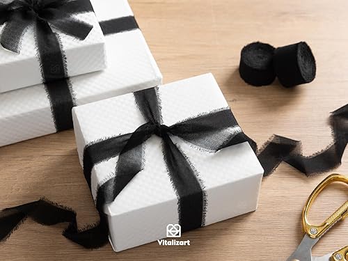 Miniatura 4 de Vitalizart Cinta de seda de gasa negra de 1 pulgada x 21 yardas, paquete de tela con flecos (3 rollos x 7 yardas) para invitaciones de boda, ramos