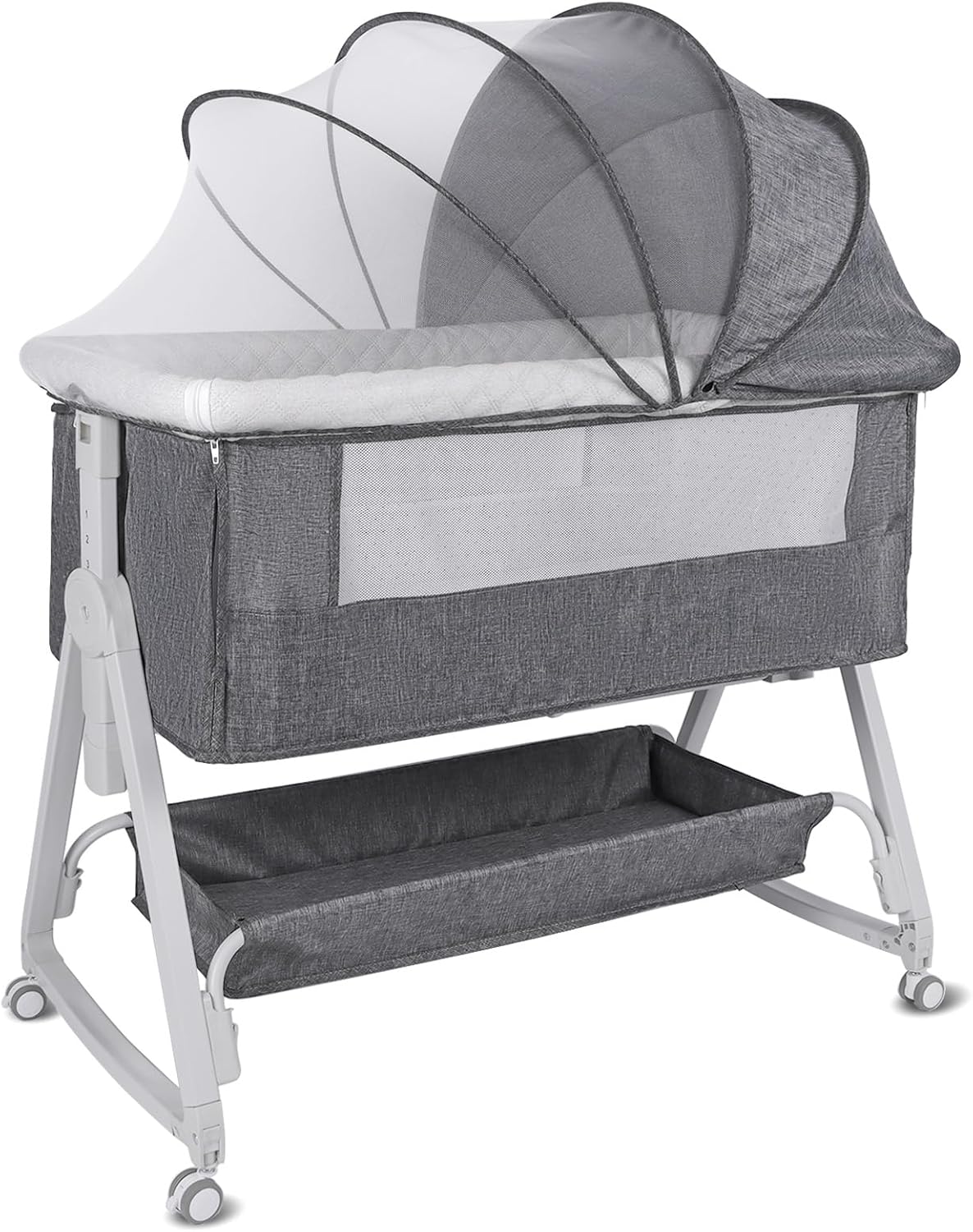 GYBest Bedside Bassinets for Baby, Baby Bassinet Cradle with Storage Basket and Wheels, Bedside Sleeper for Baby, Adjustable Height Baby Portable Bedside Crib with Protective Net (Light Grey)