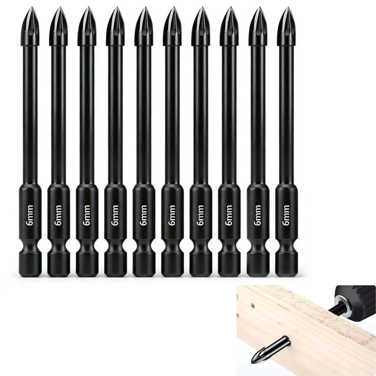 Lot de 10 brocas de 6 mm para baldosas, vidrio y hormigón, con vástago hexagonal de 1/4 en carburo de tungsteno, herramientas de perforación para cerámica, mármol, espejos y hormigón, altas
