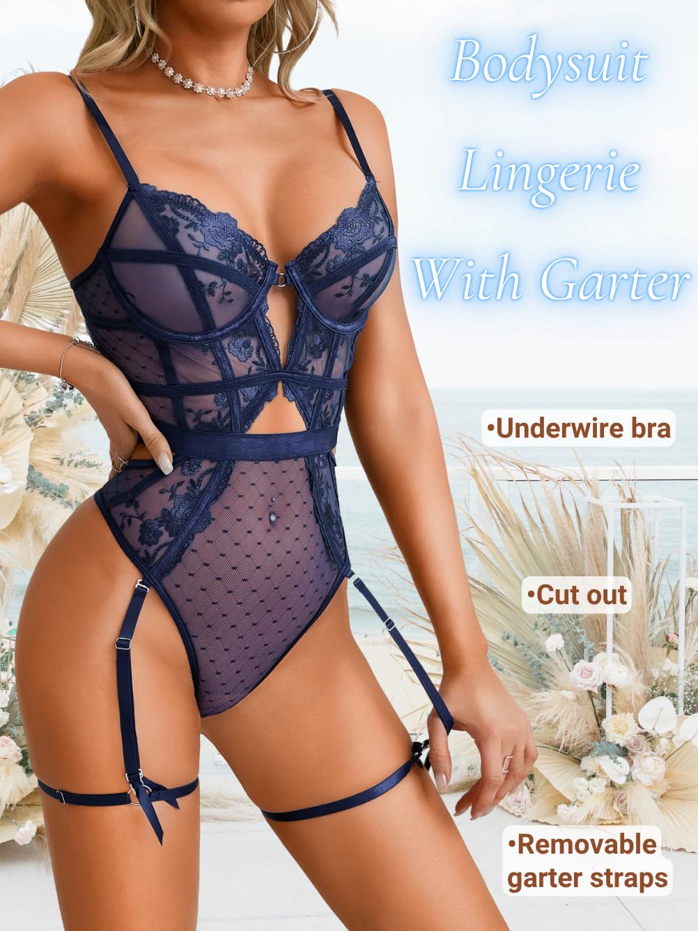 Kaei&Shi Floral Embroidered, Underwire, Removable Garter, Thigh Straps, Backless Bodysuit: Navy Blue 2-4