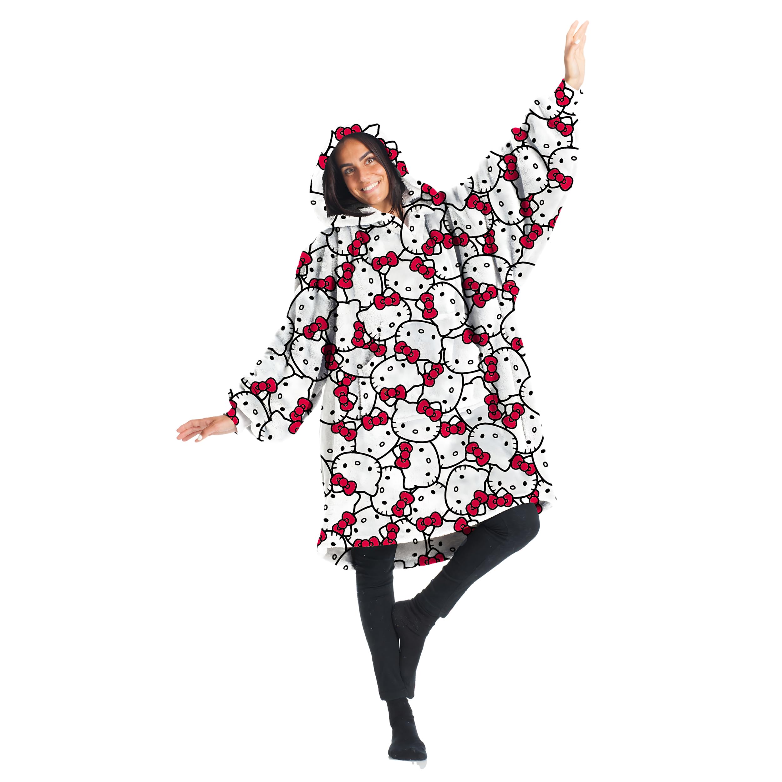 Kanguru, Felpa Coperta Donna con cappuccio, Hello Kitty Hoodie Oversize, plaid con maniche indossabile, idea regalo donna Natale o Compleanno, in pile 100% Microfibra, 85x75 cm vestibilità larga