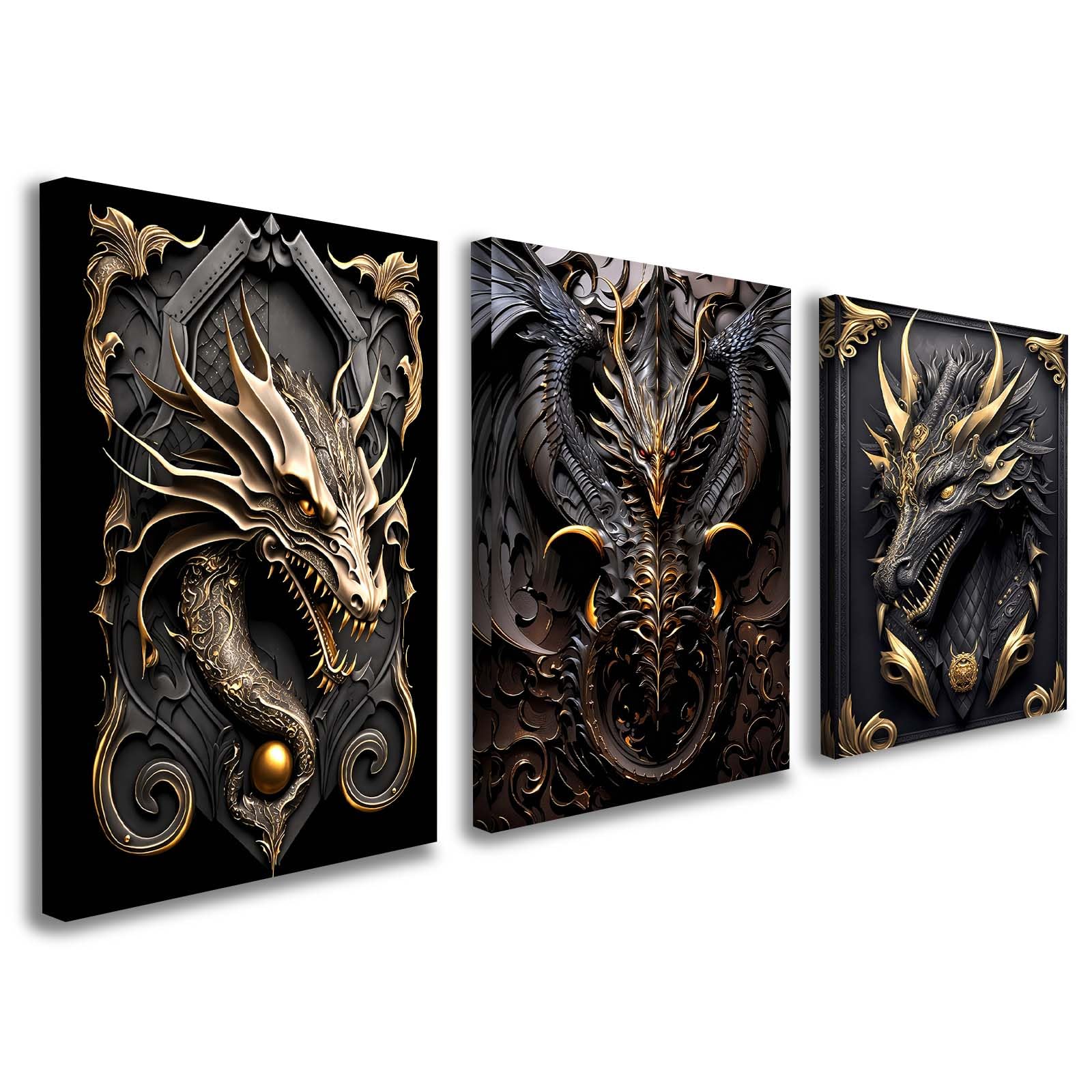 Set of 3 Framed Canvas Wall Art 12x16 Inch Dragon Artwork Fantasy Black and Gold Design Modern Wall Canvas Pictures for Living Room Bedroom Gaming Room Wall Decoration with Hooks and Magic Tape