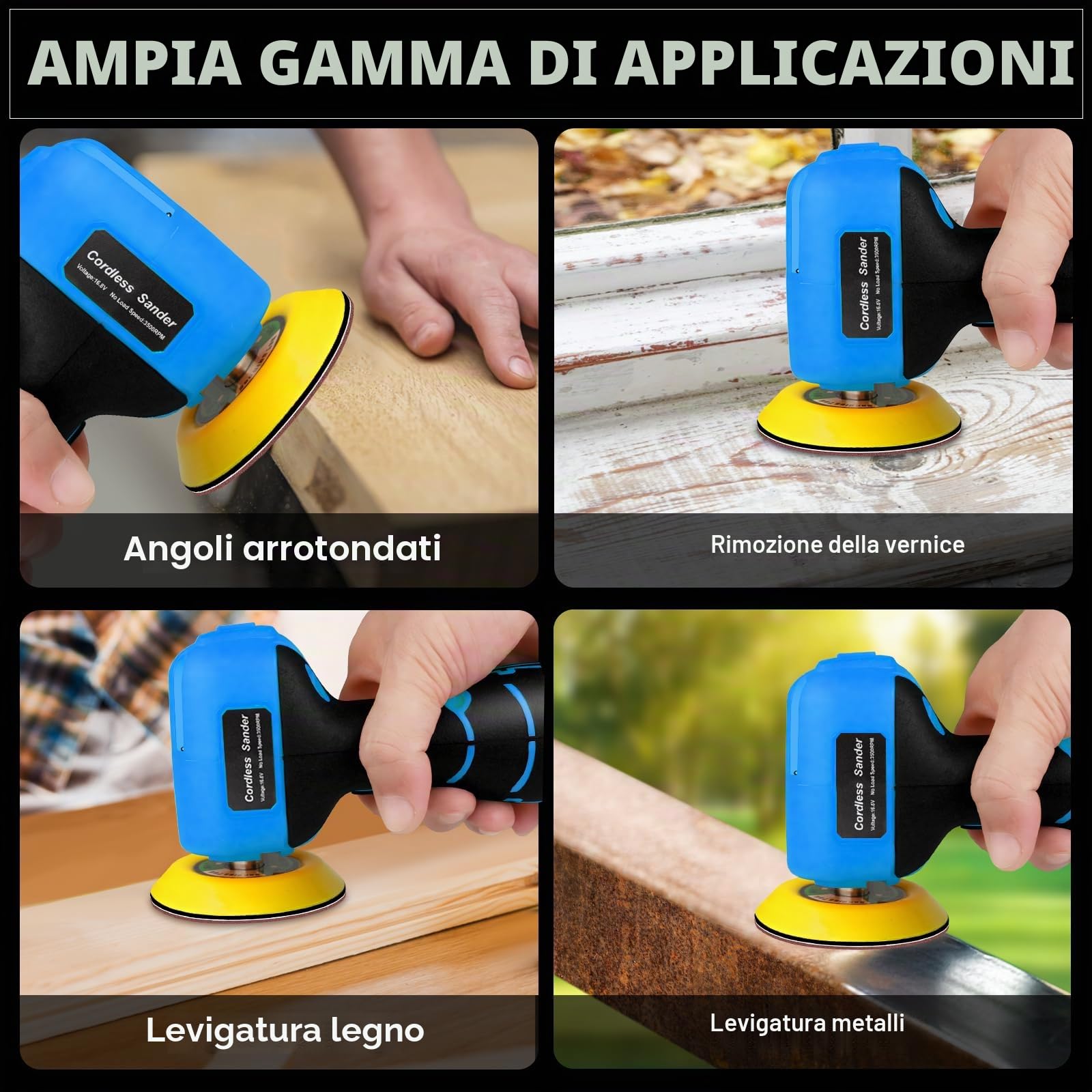 Levigatrice elettrica senza fili da 16,8 V con 36 carte vetrate, 3500 giri/min, batteria da 3,0 Ah, design leggero e compatto per legno, metallo, rimozione della vernice e progetti fai da te