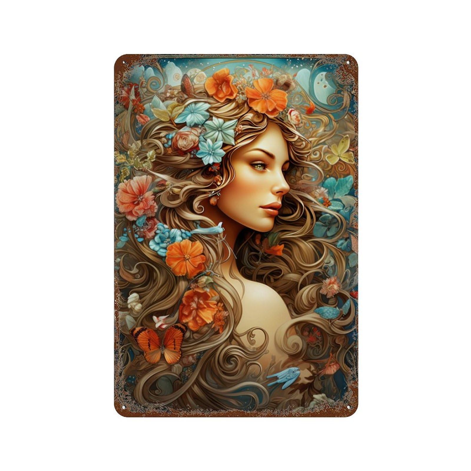 Floral Fantasy Portrait -1 11.8"x7.9" Distressed Metal Wall Sign, Shabby Chic Decor for Office, Studio And Wall Decor