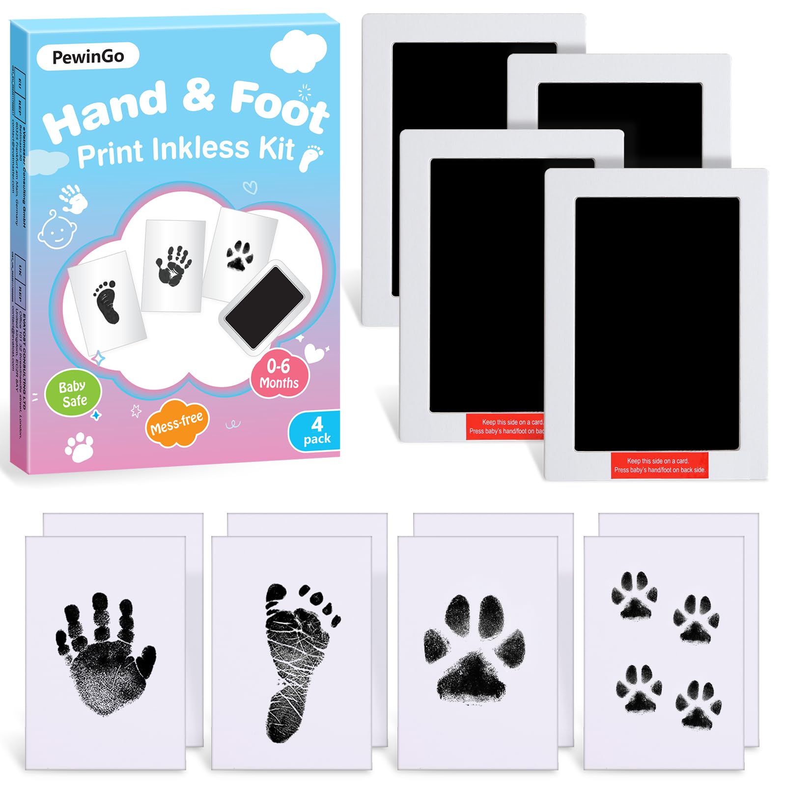 PewinGo XL Size Baby Handprint and Footprint Kit,4 Baby Inkless Print Pads,8 Imprint Cards,Safe for Baby,Baby Footprint Kit,Newborn Keepsake Gifts,Paw Print Kit,Newborn Essentials,Black