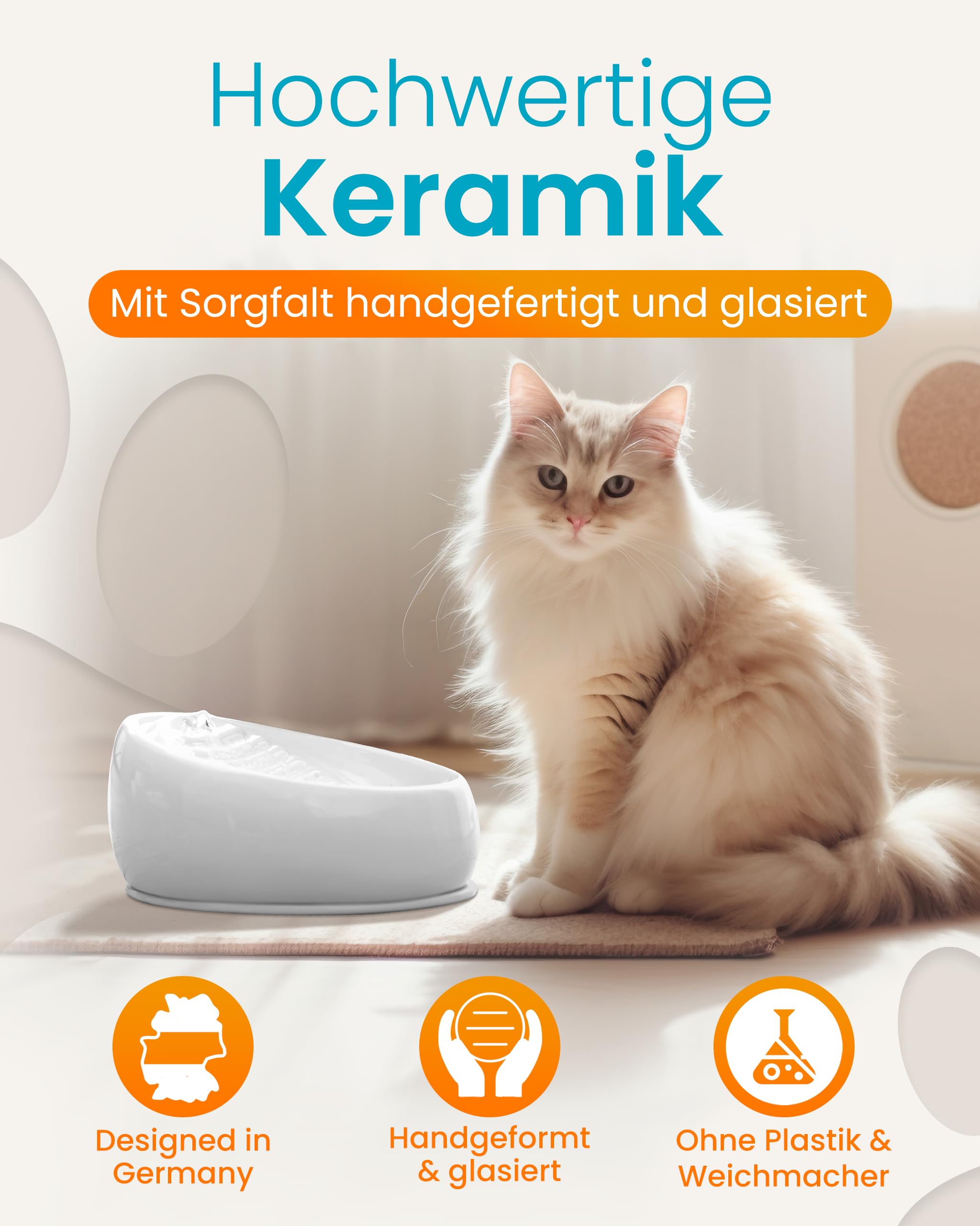 Lucky-Kitty Trinkbrunnen für Katze weiß I Katzenbrunnen Keramik Handarbeit, hygienisch I Kein Aufladen, kein Filter-Tausch I Trinkbrunnen leise & energiesparend I Wasserspender Katzen plastikfrei