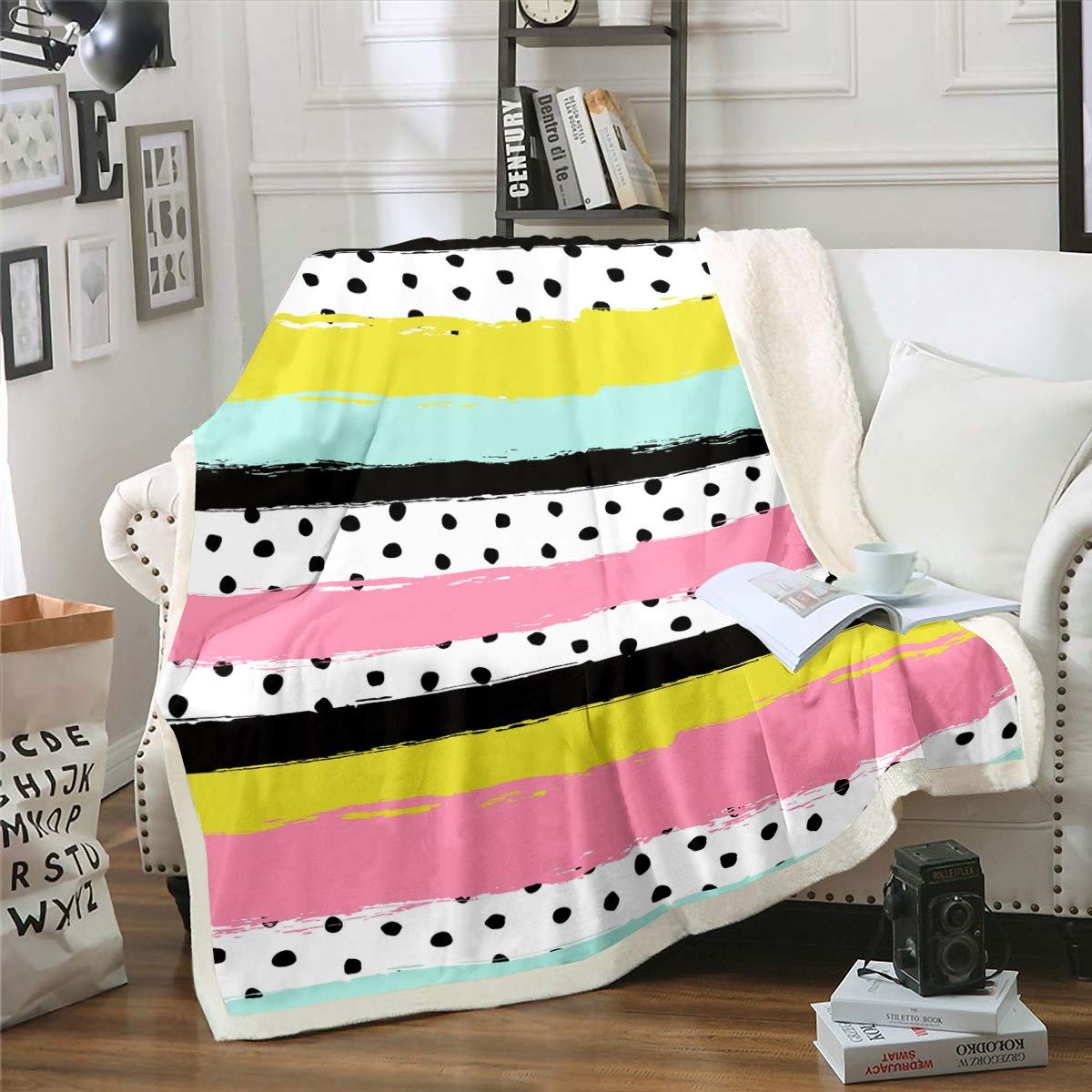 Loussiesd Girls Colorful Stripe Black White Polka Dots Fleece Sherpa Blanket Modern Design Plush Throw Blanket for Sofa Couch Room Decor Simple Geometric Pattern Blanket Single 50"x60"