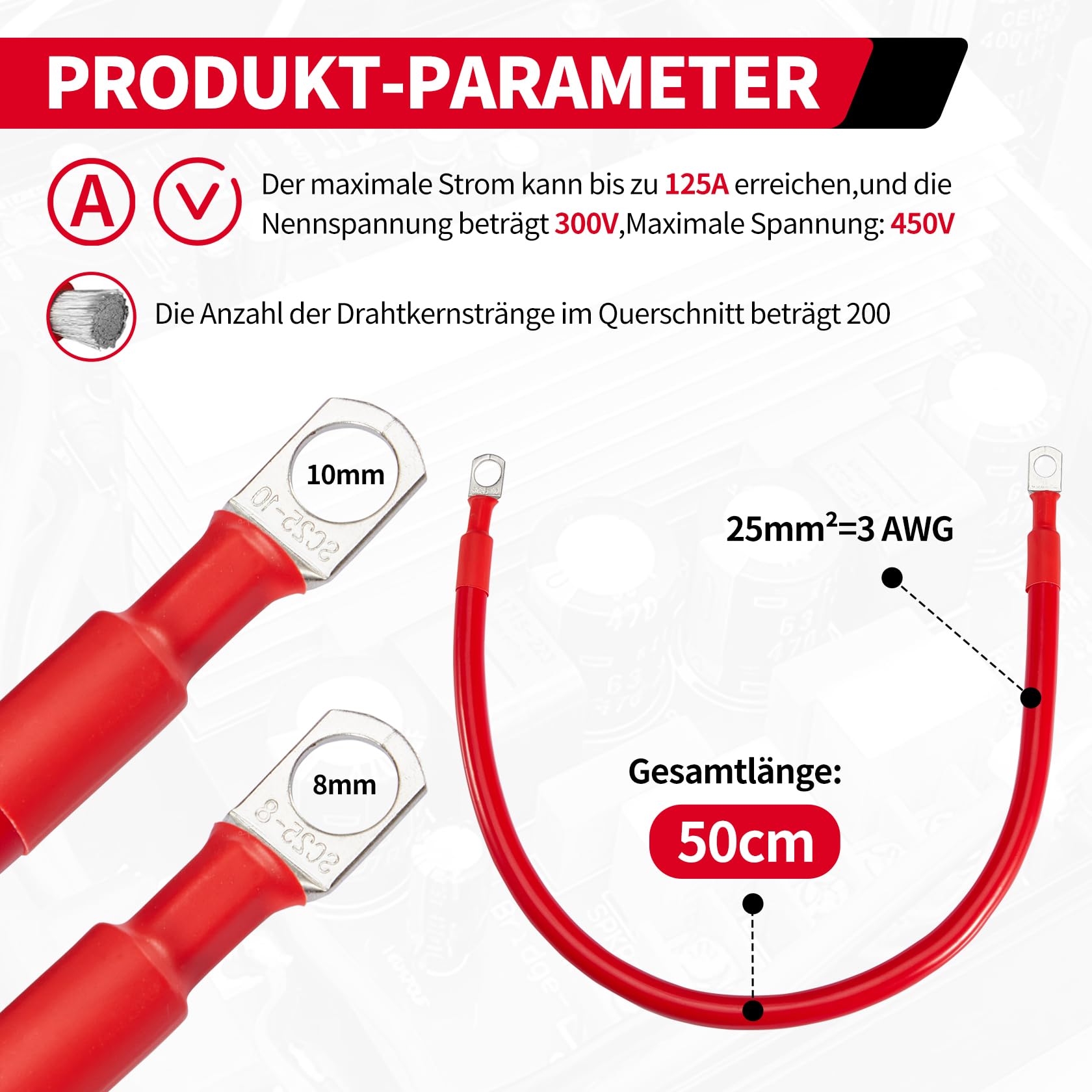 CarBole Batteriekabel 25mm² 50cm,125A,3AWG,Batteriekabelsatz mit Ringklemmen,Verzinntes Kupfer Terminal,Kupferkabel Kupfer Stromkabel,Autobatteriekabel für Wohnmobil, Massekabel,2 Stück