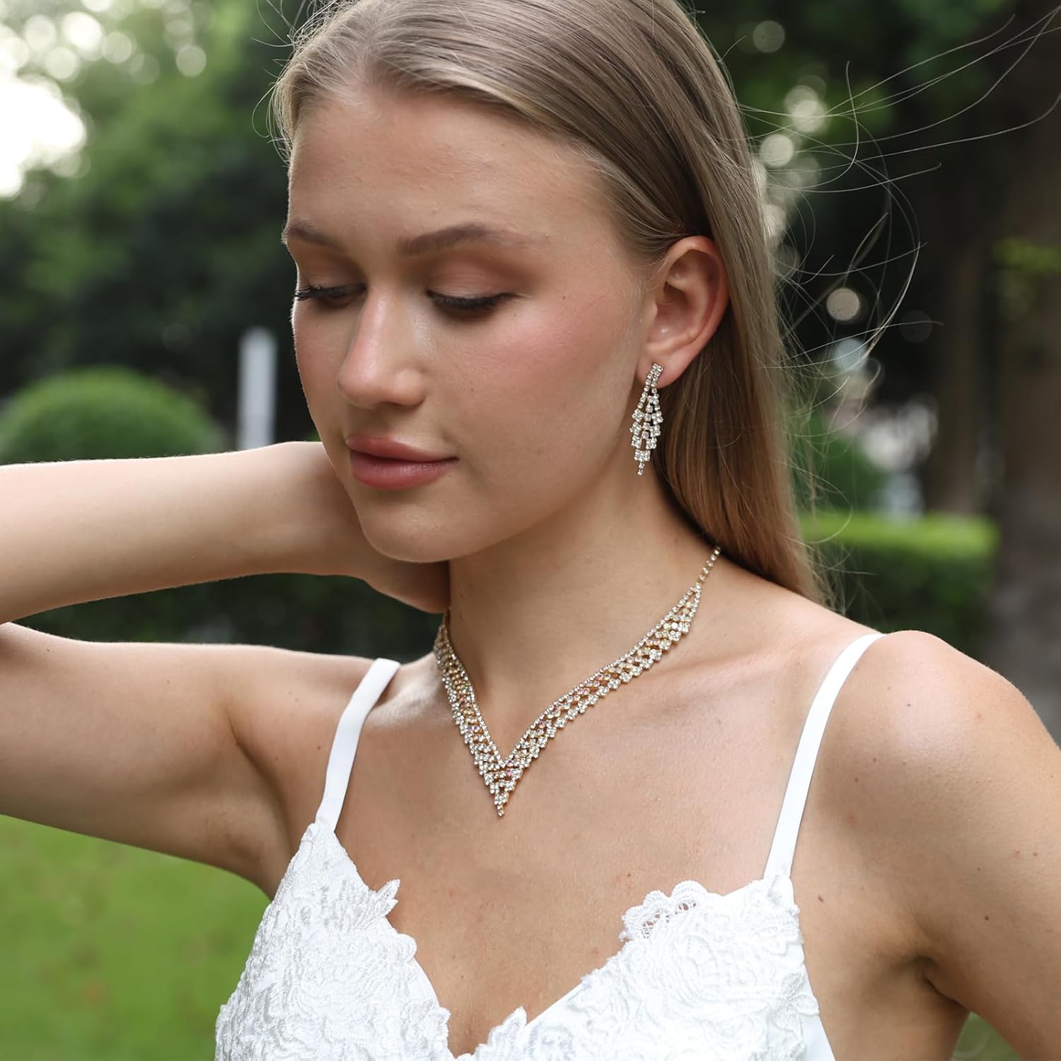 Jewelry Sets for Women, Silver Ab Rhinestone Bridal Wedding Jewelry Sets for Brides Teardrop Statement Necklace Dangle Earrings Set - Image 3