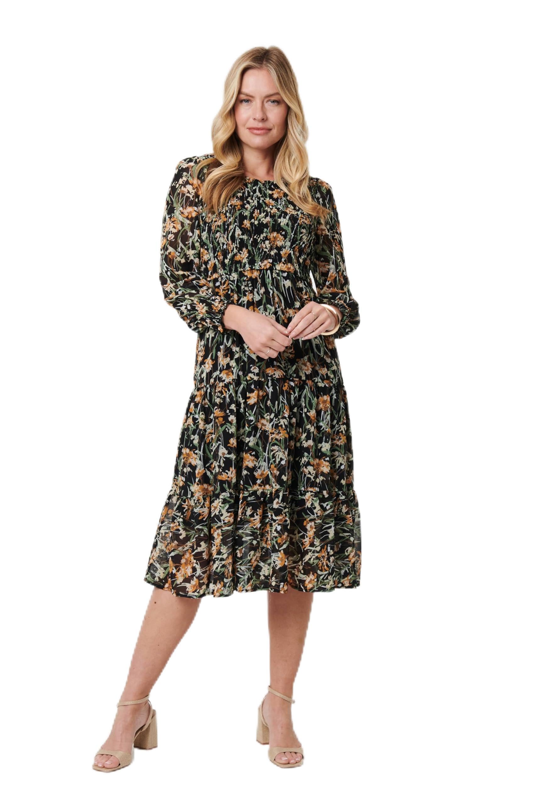 Izabel London Women's Black Floral Long Sleeve Smocked Midi Dress In Size 18