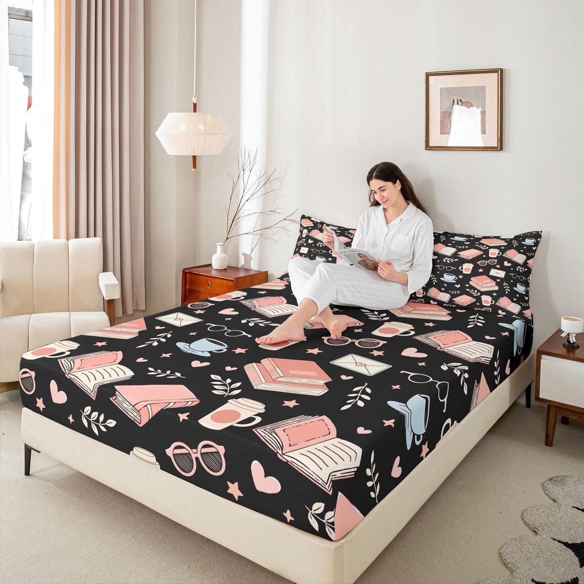 Homewish Czarno-różowe książki, prześcieradło z gumką w rozmiarze king size, urocze kubki do kawy i herbaty, głęboka kieszeń, 40 cm, romantyczne okulary, listy miłosne, zestaw pościeli z liśćmi