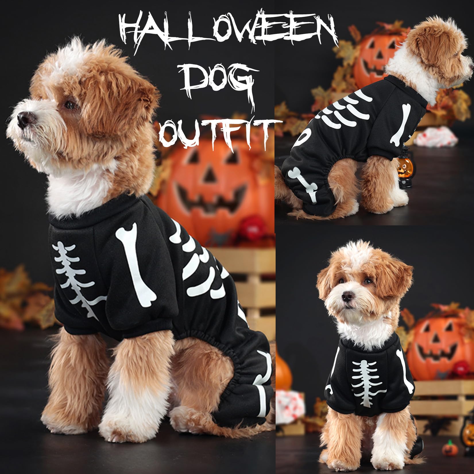 Zunea Dog Halloween Costume for Small Dogs Glowing Skeleton Puppy Halloween Costume Skull Bones Jumpsuit 4-Legged Funny Cosplay Sweatshirt Dress Up Apparel Outfits for Pet Chihuahua Yorkie Doggy L - Image 4