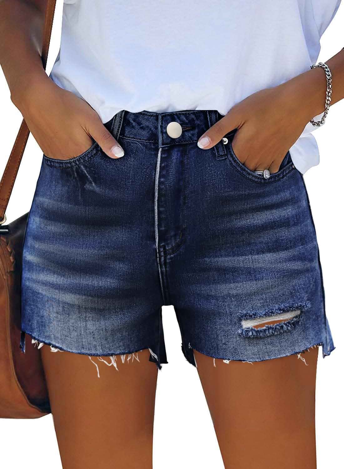 RUBZOOF Women's Casual Summer Denim Shorts Mid Waisted Stretchy Ripped Jean Shorts with Pockets S-2XL