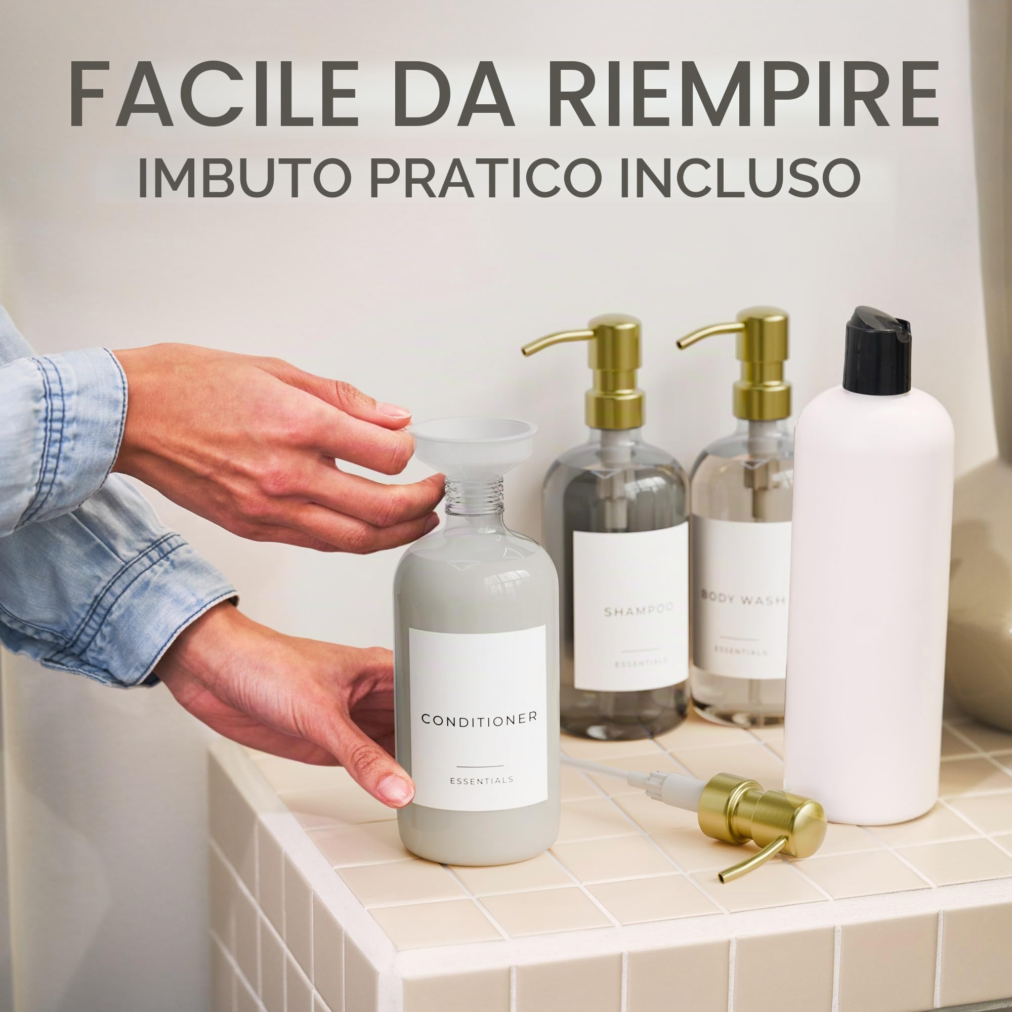 Elegante dispenser per shampoo e balsamo, set da 3 – Moderne bottiglie di sapone da doccia con pompa ed etichette, dispenser per bagnoschiuma facile da riempire per un aggiornamento istantaneo della