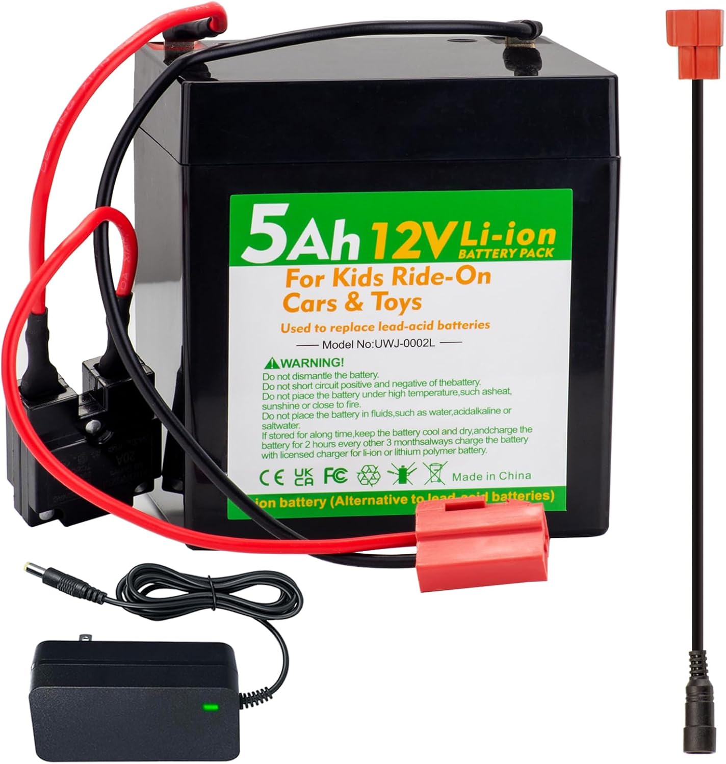 12V 5Ah Li-ion Battery Pack with Charger, Replacement for 12 Volt Kids Ride On Car Truck