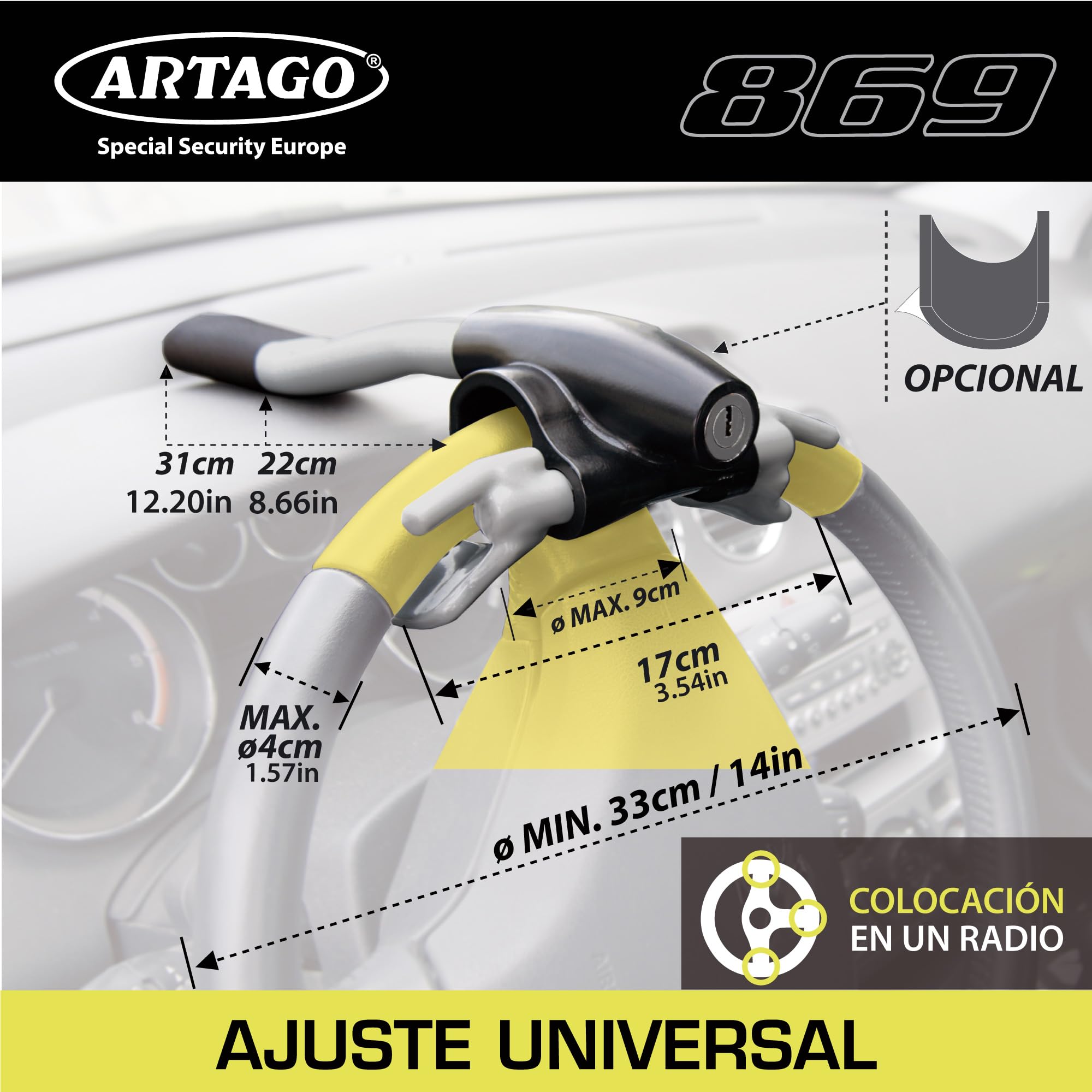 ARTAGO 869 Antirrobo Coche Alta Gama, Bloqueo Volante Más Seguro Alrededor del Radio, Cierre Alta Seguridad Press & Click Más Práctico, Cepo Barra Universal para Auto SUV Camper Autocaravana