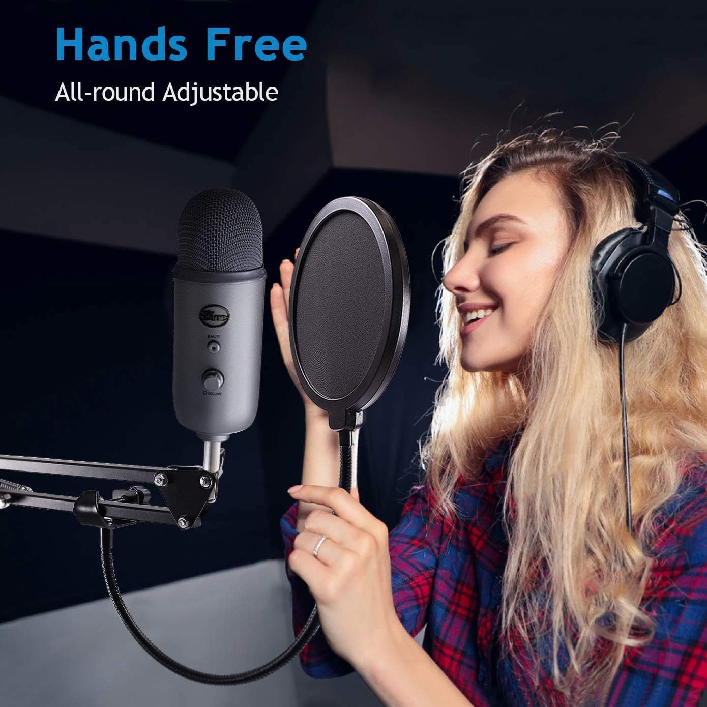 CLAPONE Microphone Pop Filter Shield Compatible with Blue Yeti Adjustable Suspension Boom Scissor Arm for Podcasting Gaming Recording Tripod Microphone Microphone Stand With Pop Filter