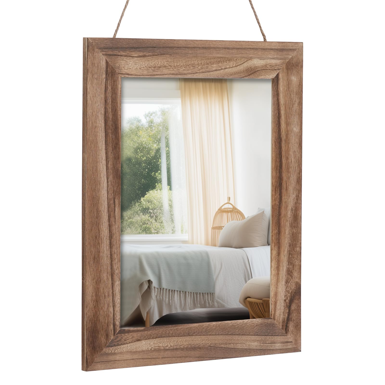 Muzilife Espejo de pared de madera maciza de 40 x 50 cm, espejo rectangular con marco de madera para dormitorio, baño, salón, pasillo, con cuerda de lino, color marrón